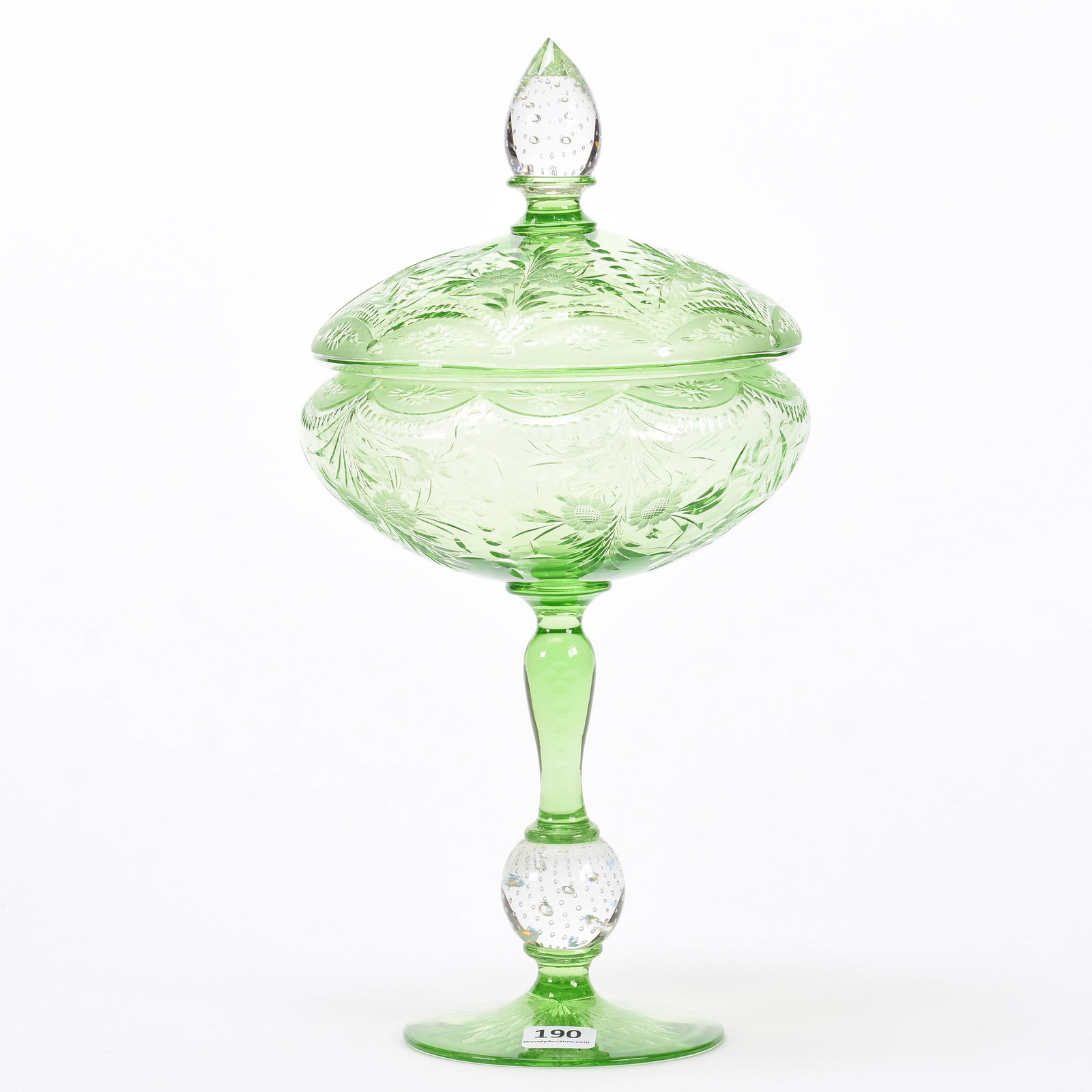 Covered Compote, American Brilliant Cut Glass: Covered Compote, American Brilliant Cut Glass; 12"; Pairpoint, Solid Apple Green with Clear Controlled Bubble Stem and Finial, Engraved Floral and Garland Motif with Frosted Border, Apple Green Foot; 
