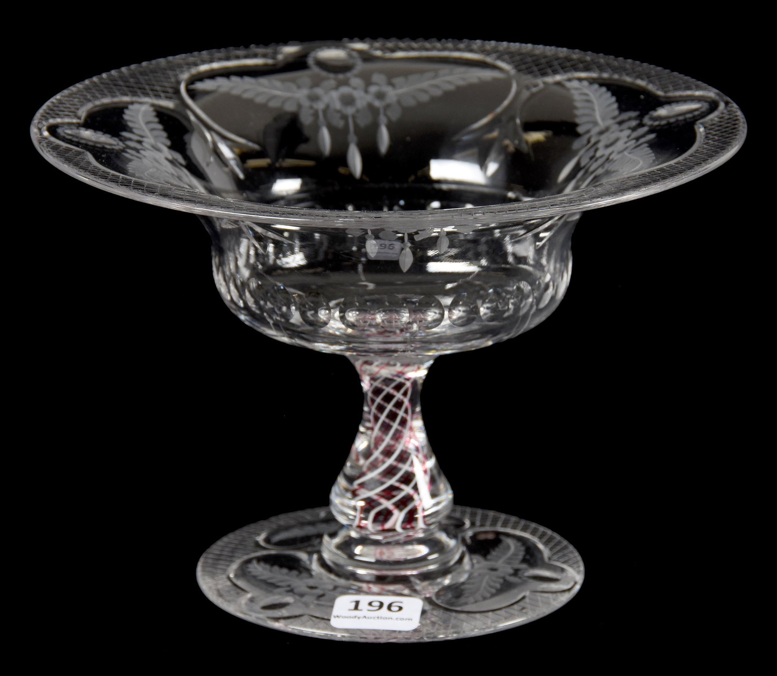 Compote, American Brilliant Cut Glass: Compote, American Brilliant Cut Glass; 4.75" X 7" Venetti Pattern by Pairpoint, Cranberry, and White Twist Stem, Engraved Floral Garland Motif; Blattner Collection, Montana