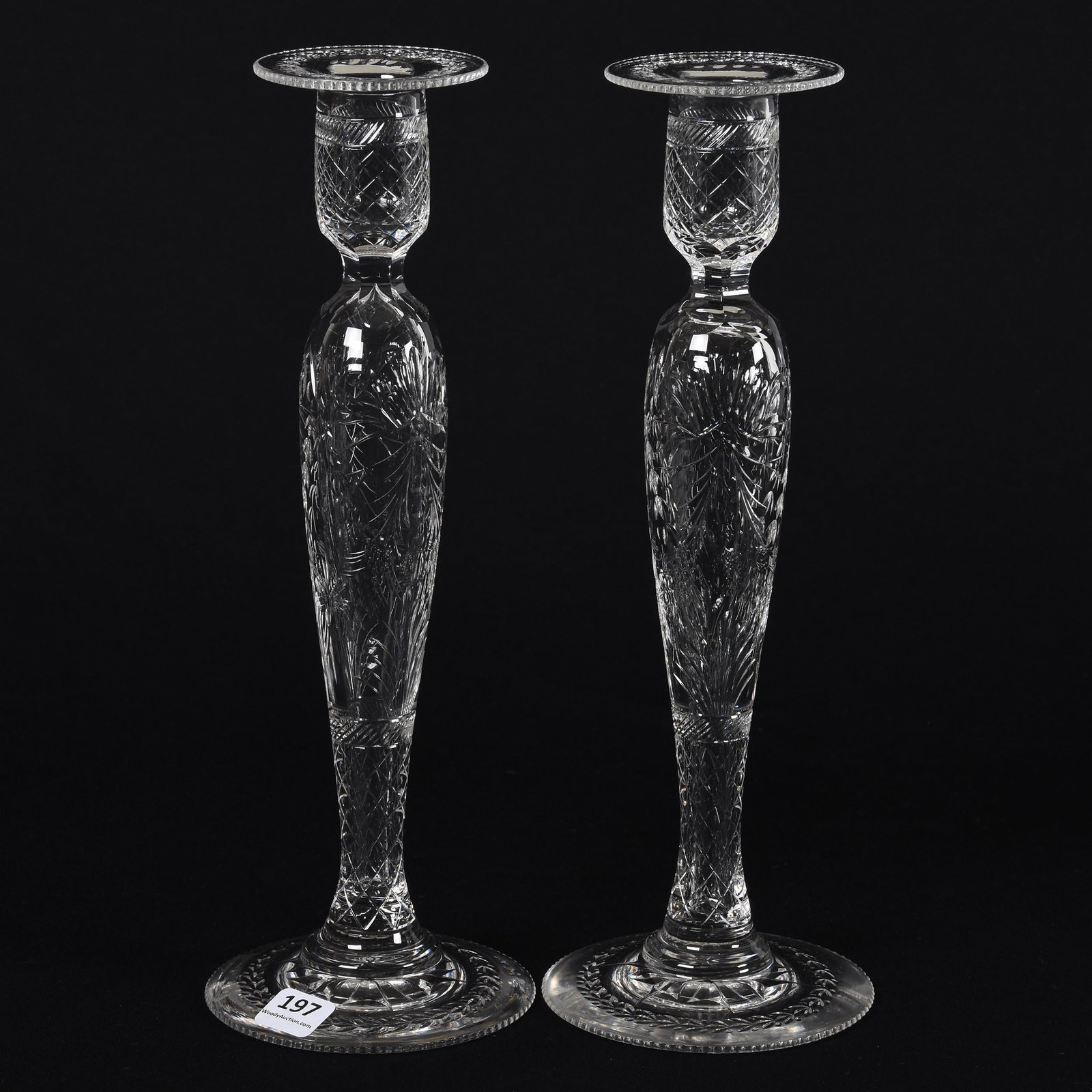 Pair Candle Holders, American Brilliant Cut Glass: Pair Candle Holders, American Brilliant Cut Glass; 12" Pairpoint, Hollow Stem, Engraved Floral Garland Motif, Pattern Cut Foot; Blattner Collection, Montana