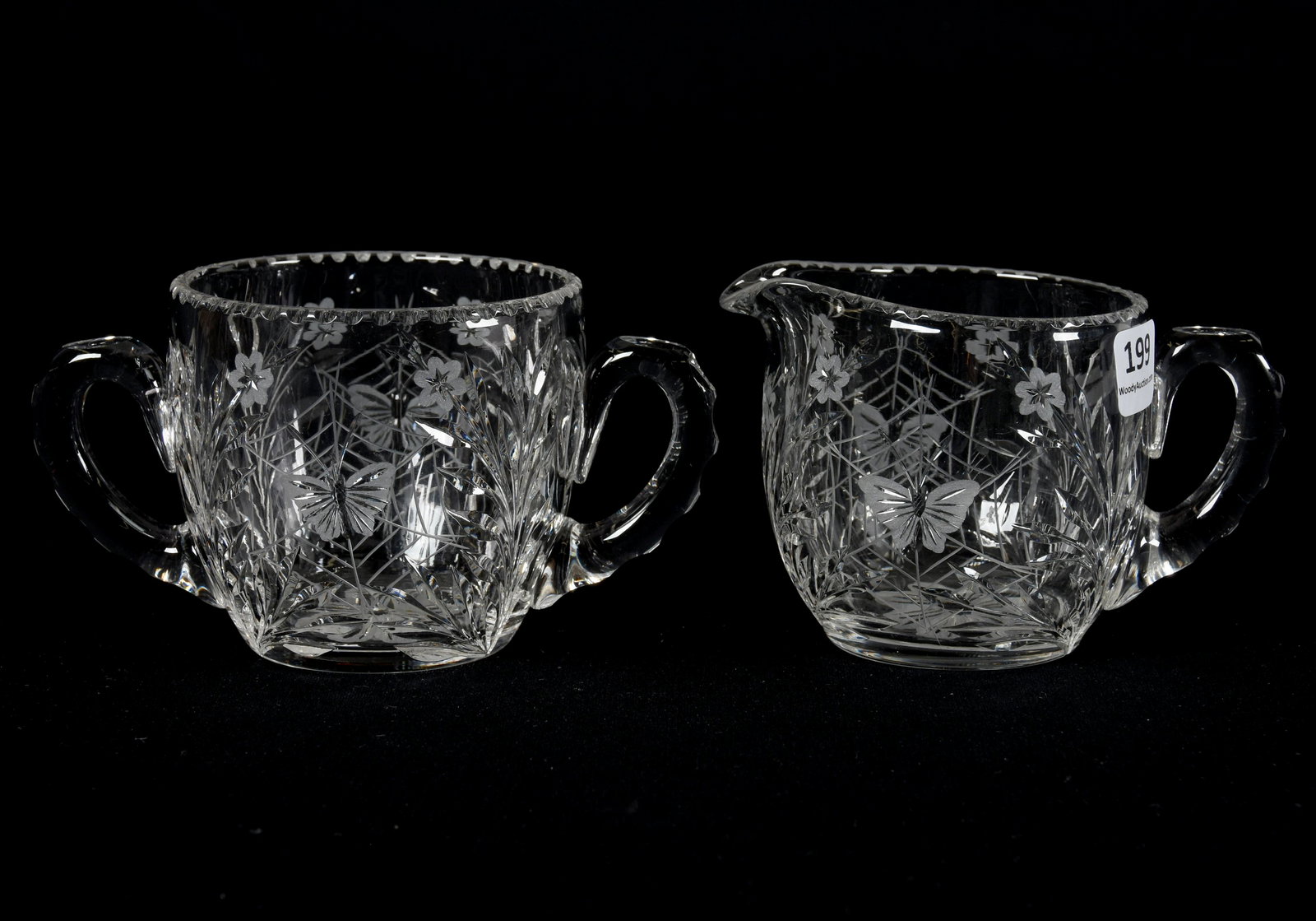 Creamer and Sugar Set, American Brilliant Cut Glass: Creamer and Sugar Set, American Brilliant Cut Glass; Pairpoint, Engraved Butterfly and Spiderweb Decor; Blattner Collection, Montana