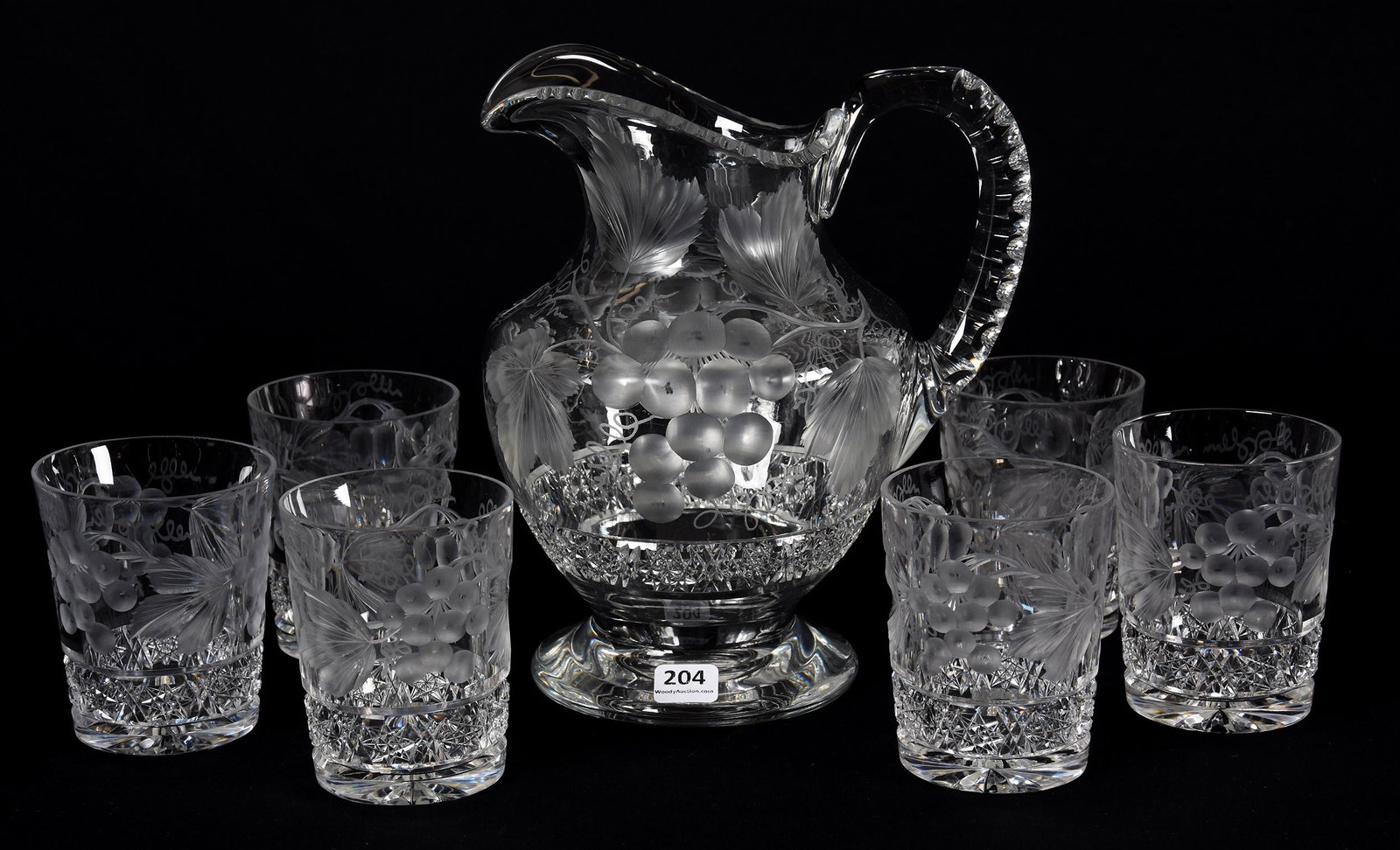 Water Set, American Brilliant Cut Glass: Water Set, American Brilliant Cut Glass; 8.75" 3.75" Signed Tuthill Vintage Pattern, (5) of (6) Matching Tumblers Have Been Professionally Trimmed; Blattner Collection, Montana. UPDATED 2-13-20: One t