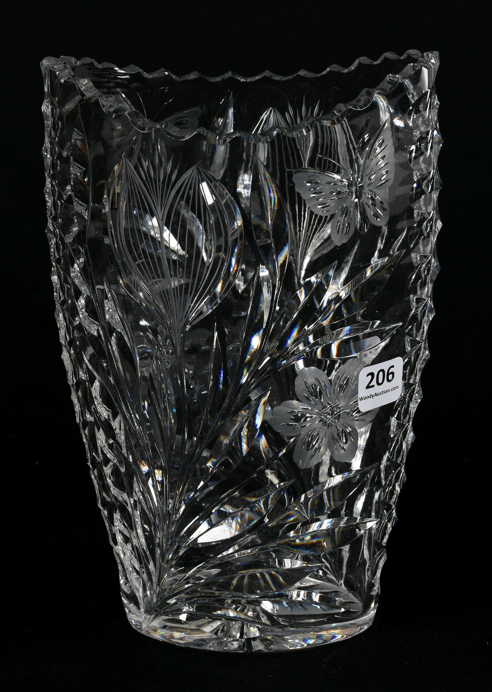 Vase, American Brilliant Cut Glass: Vase, American Brilliant Cut Glass; 8.5" X 5.75" Pairpoint, Butterfly and Tulip Pattern, Oval Form; Blattner Collection, Montana