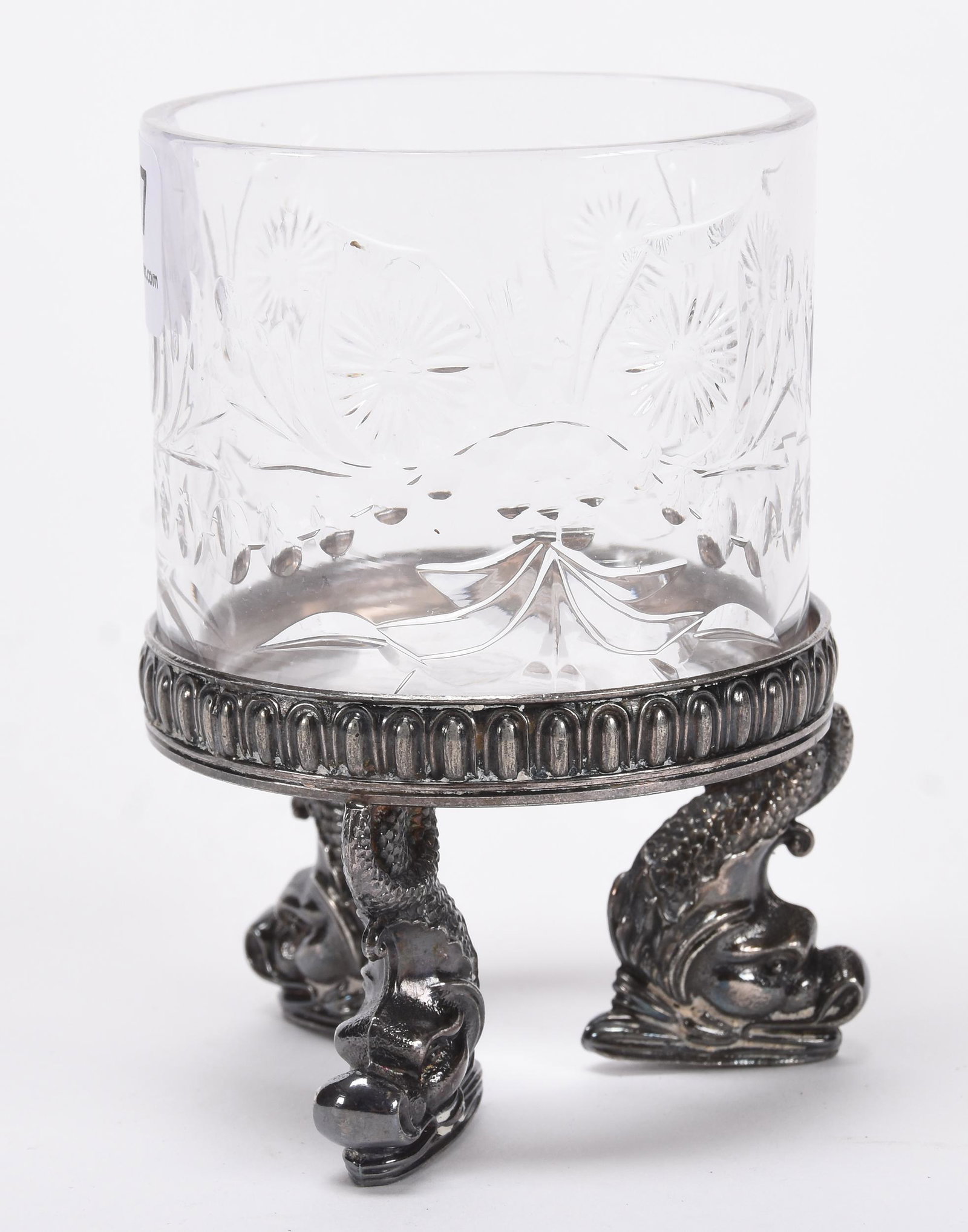 Candlelight, American Brilliant Cut Glass: Candlelight, American Brilliant Cut Glass; 3.75" Pairpoint, Engraved Floral Garland Motif, Set on Marked Pairpoint #4996 Silverplate Base; Blattner Collection, Montana