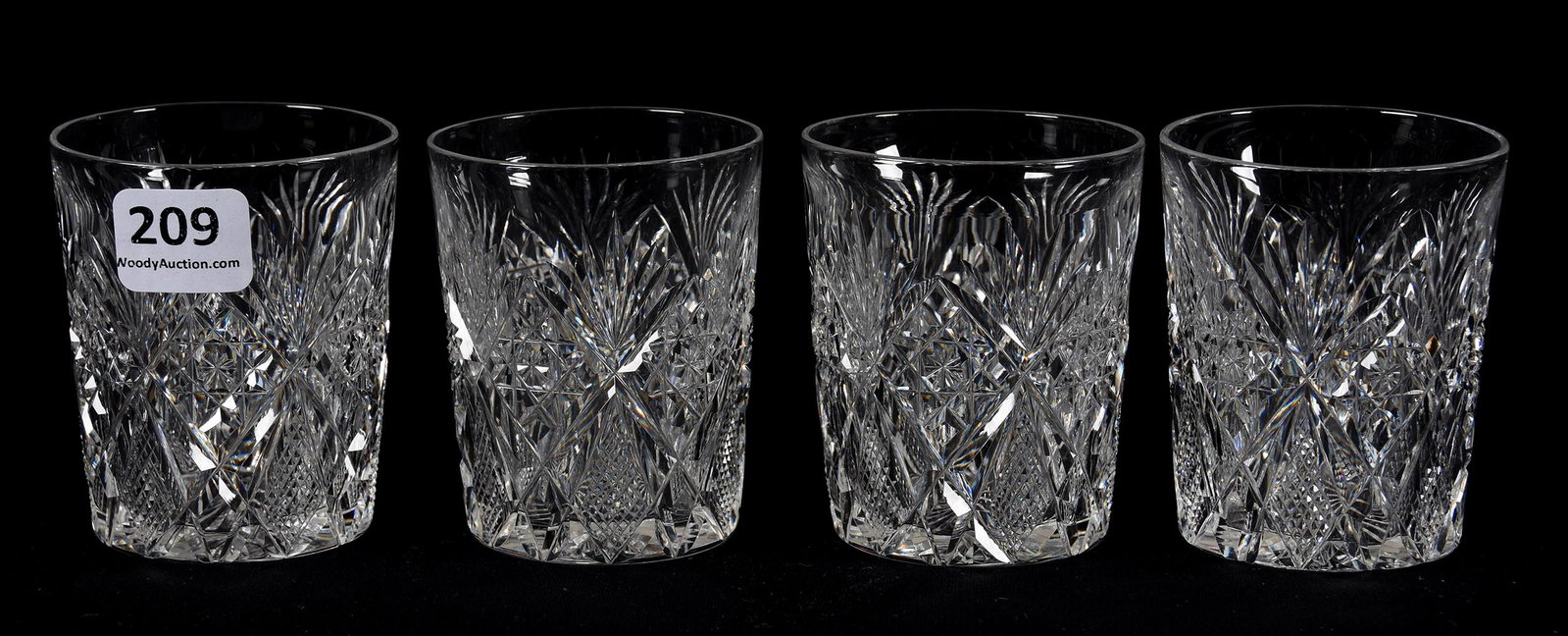 (4) Whiskey Glasses, American Brilliant Cut Glass: (4) Whiskey Glasses, American Brilliant Cut Glass; 2.75" Signed Hawkes Gladys Pattern, Ray Cut Base; Blattner Collection, Montana. UPDATED 2/3/20: One Glass has a small rim nick.