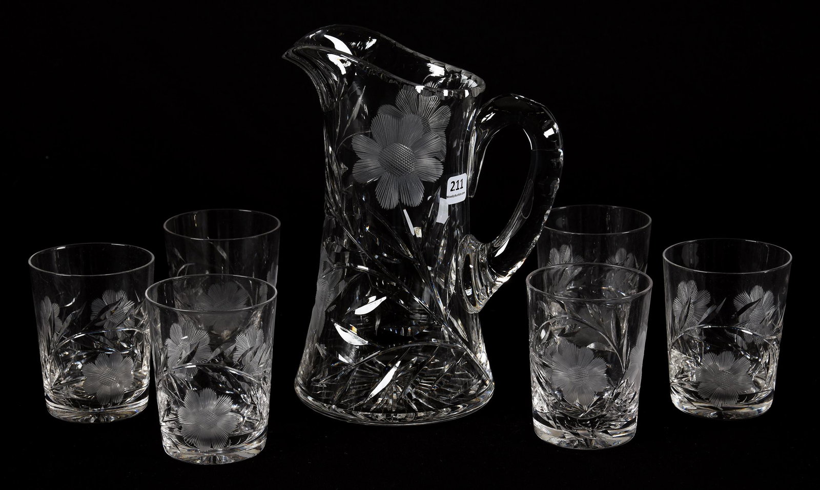 Water Set, American Brilliant Cut Glass: Water Set, American Brilliant Cut Glass; 9.25" 4" Engraved Daisy Motif, Double Notched Handle, Ray Cut Base, (6) Matching Tumblers; Blattner Collection, Montana