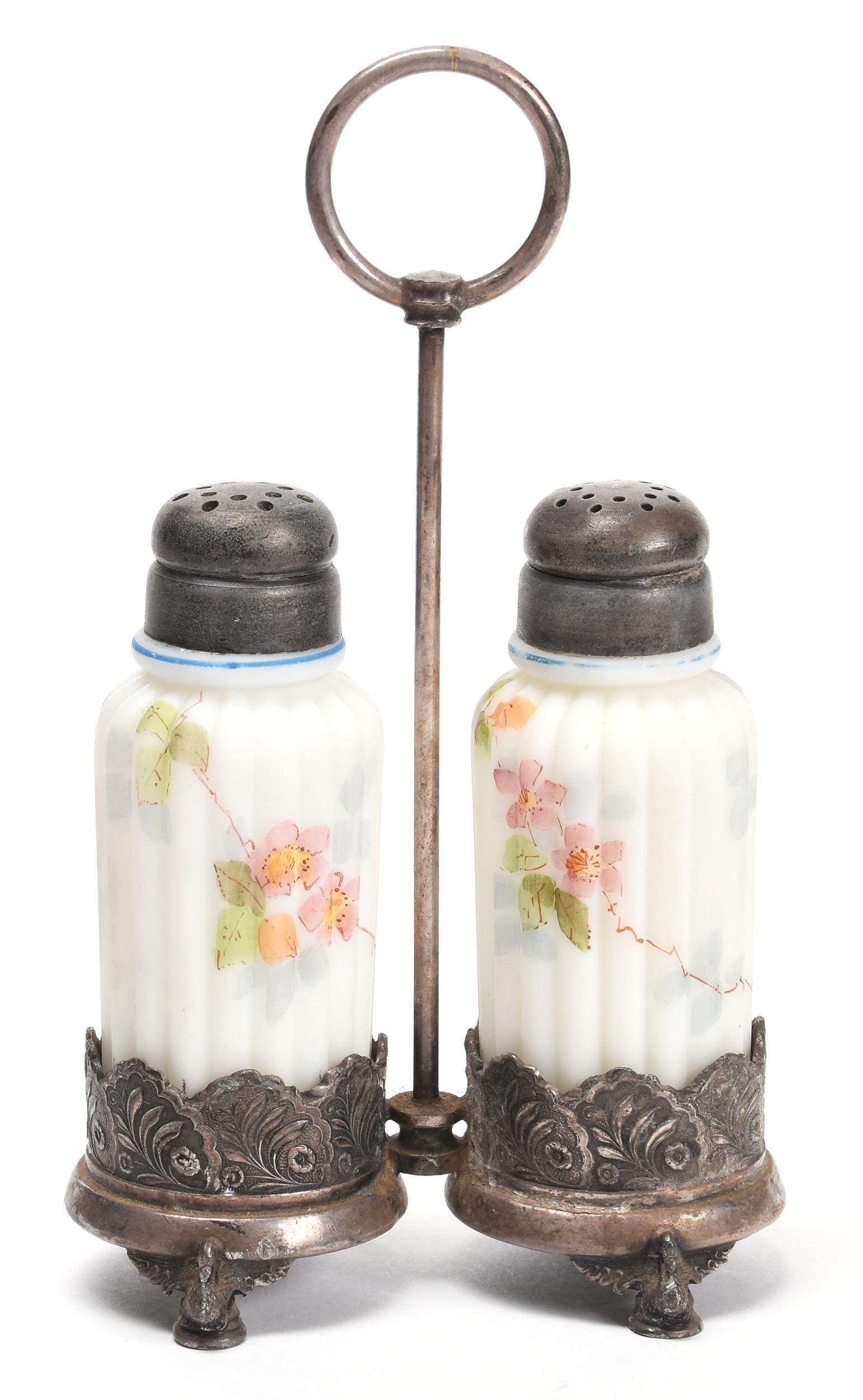 Condiment Set on Stand: Condiment Set on Stand; 7" X 4.25" Pair 4" White Melon Ribbed Mt. Washington Shakers with Floral Decor, Set on Wilcox #3838 Silverplate Frame; Blattner Collection, Montana