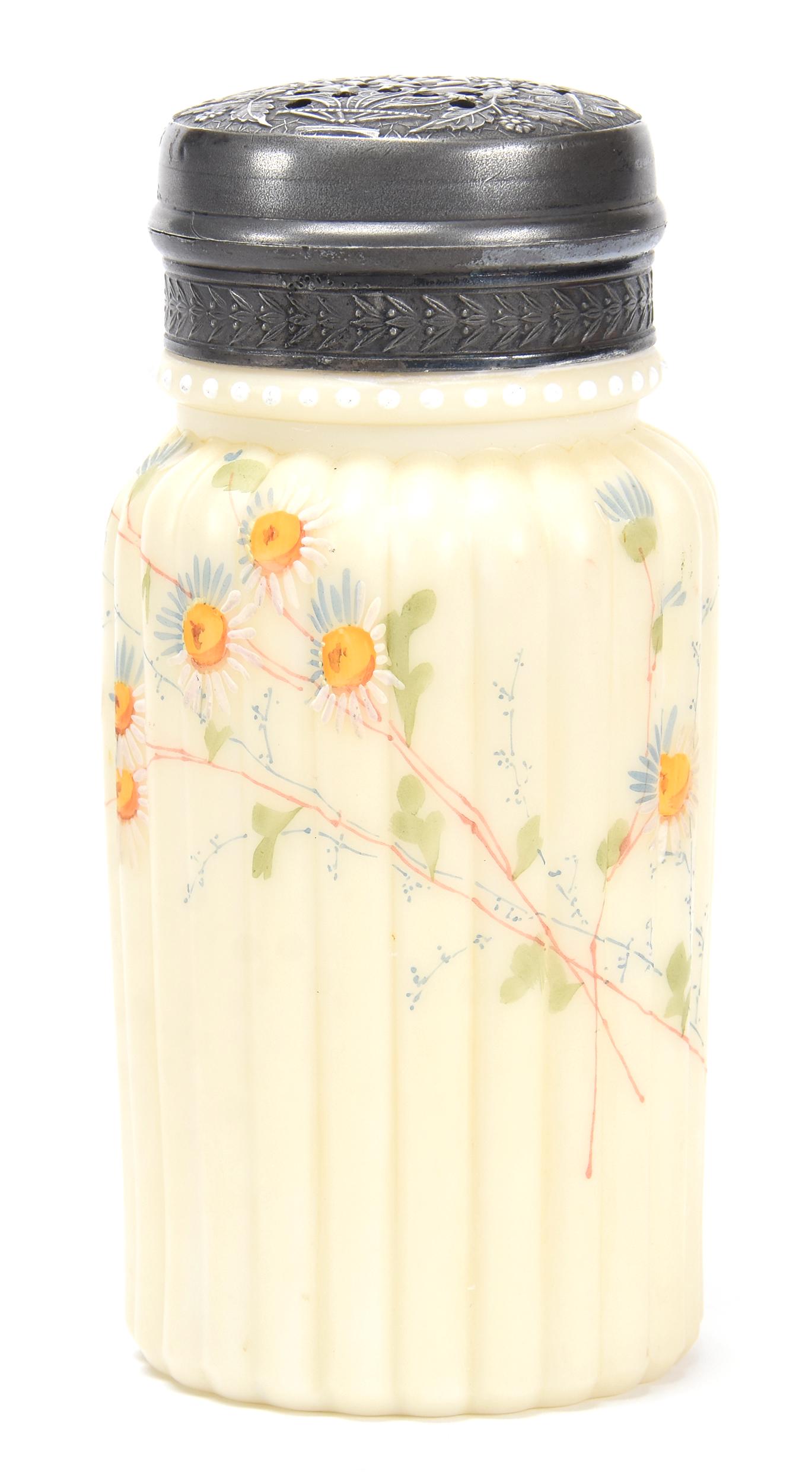 Sugar Shaker, Unmarked Mt. Washington: Sugar Shaker, Unmarked Mt. Washington; 5.75" Melon Ribbed, Yellow Tones with Daisy Decor, Ornate Embossed Silverplate Twist Cap; Blattner Collection, Montana