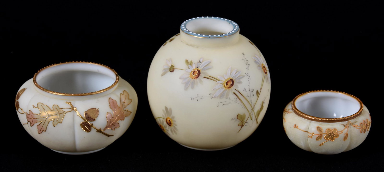 (3) Unmarked Smith Brothers Items: (3) Unmarked Smith Brothers Items; (1) 4" X 4" Vase, Cream with Daisy Decor, (1) 2.25" X 4" Melon Ribbed Bowl, Cream with Acorn Decor, Some Touched Up Chip on Rim, (1) 1.5" X 3" Melon Ribbed Vase, Sma