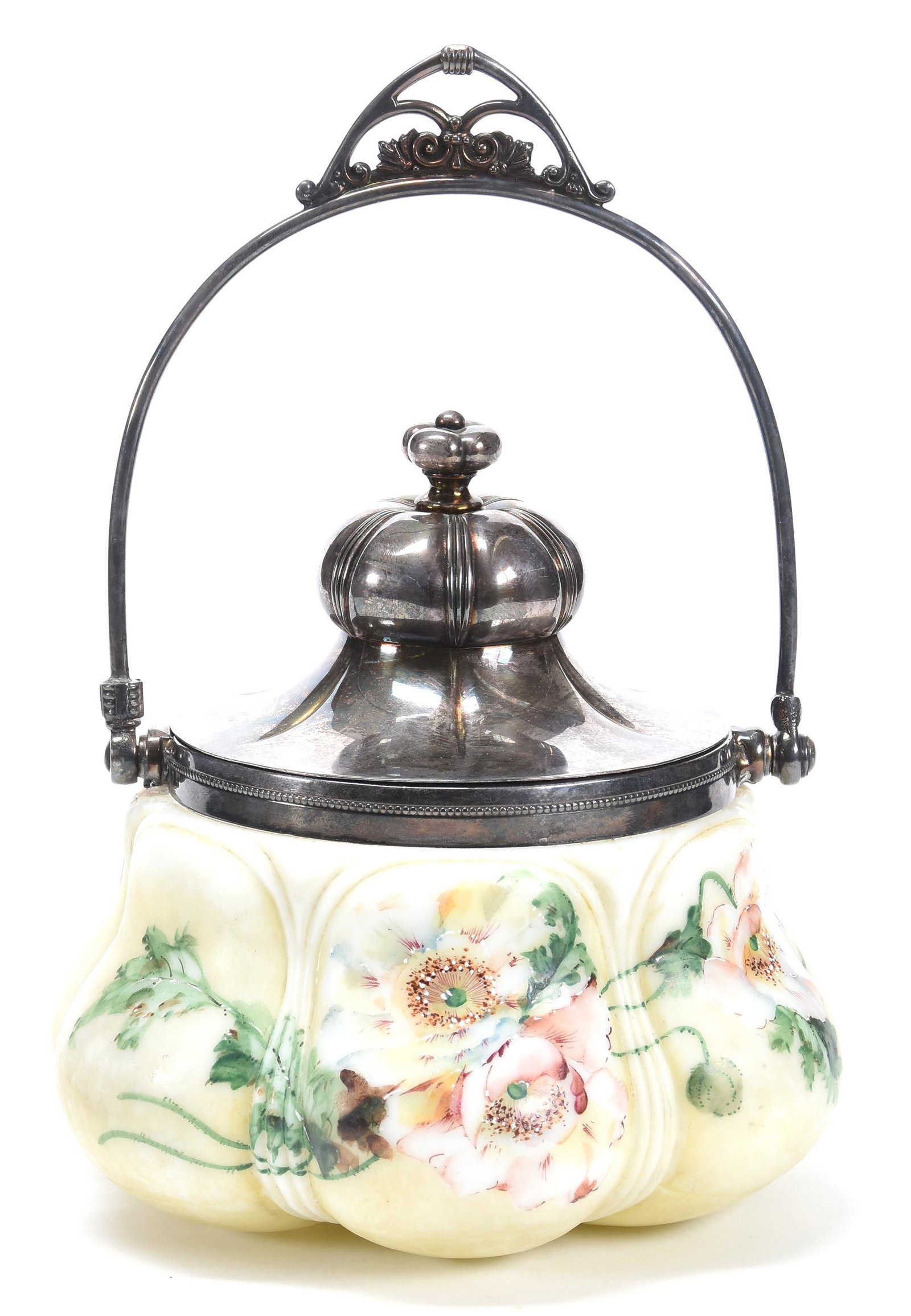 Biscuit Jar, Pairpoint: Biscuit Jar, Pairpoint; 6.75" Melon Ribbed, Yellow and White Tones, Poppy Decor, Silverplate Lid, and Bail Marked Pairpoint; Blattner Collection, Montana