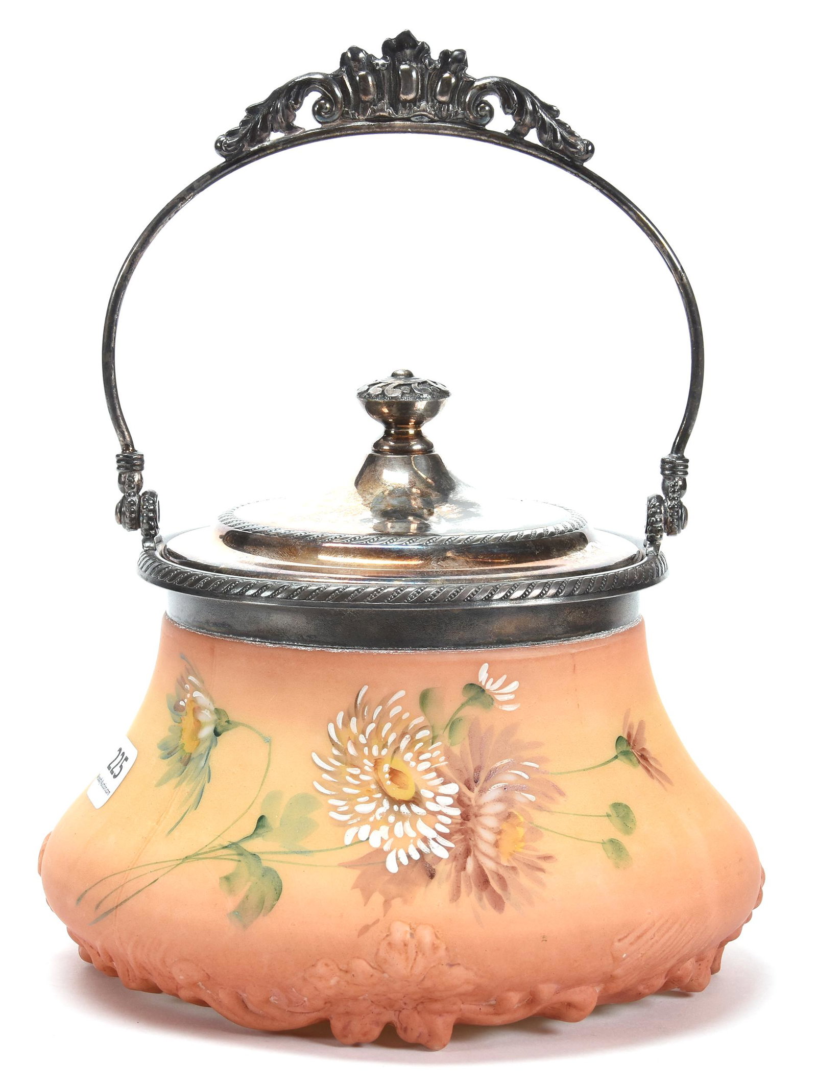 Biscuit Jar, Pairpoint: Biscuit Jar, Pairpoint; 6" Burmese Coloring with Floral Decor, Silverplate Lid, and Bail Marked Pairpoint; Blattner Collection, Montana