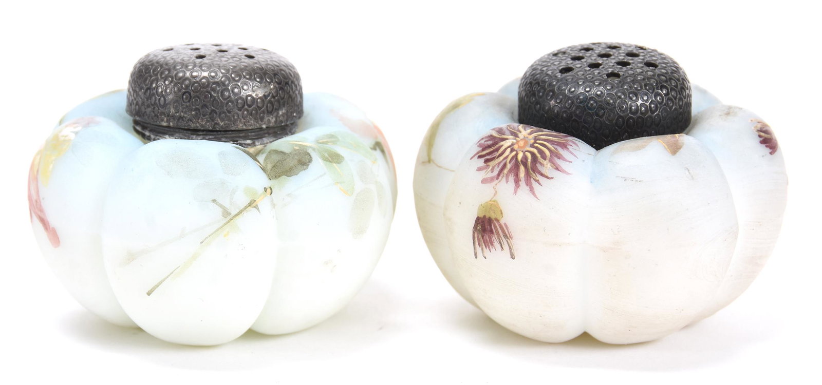 Pair Melon Rib Salt & Pepper, Mt. Washington: Pair Melon Rib Salt & Pepper, Mt. Washington; 2" Blue and White with Floral Decor; Blattner Collection, Montana