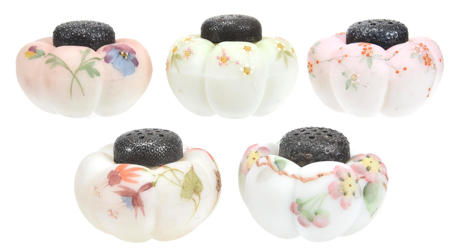 (5) Melon Rib Salt & Pepper, Mt. Washington: (5) Melon Rib Salt & Pepper, Mt. Washington; 2" All in Different Colors and Floral Decor; Blattner Collection, Montana