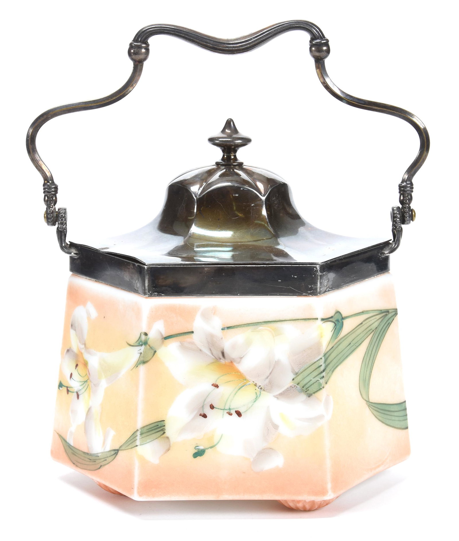 Biscuit Jar by Pairpoint: Biscuit Jar by Pairpoint; 6.75" Six Sided, Pink and Yellow Tones with White Lily Decor, Silverplate Lid, and Bail; Blattner Collection, Montana