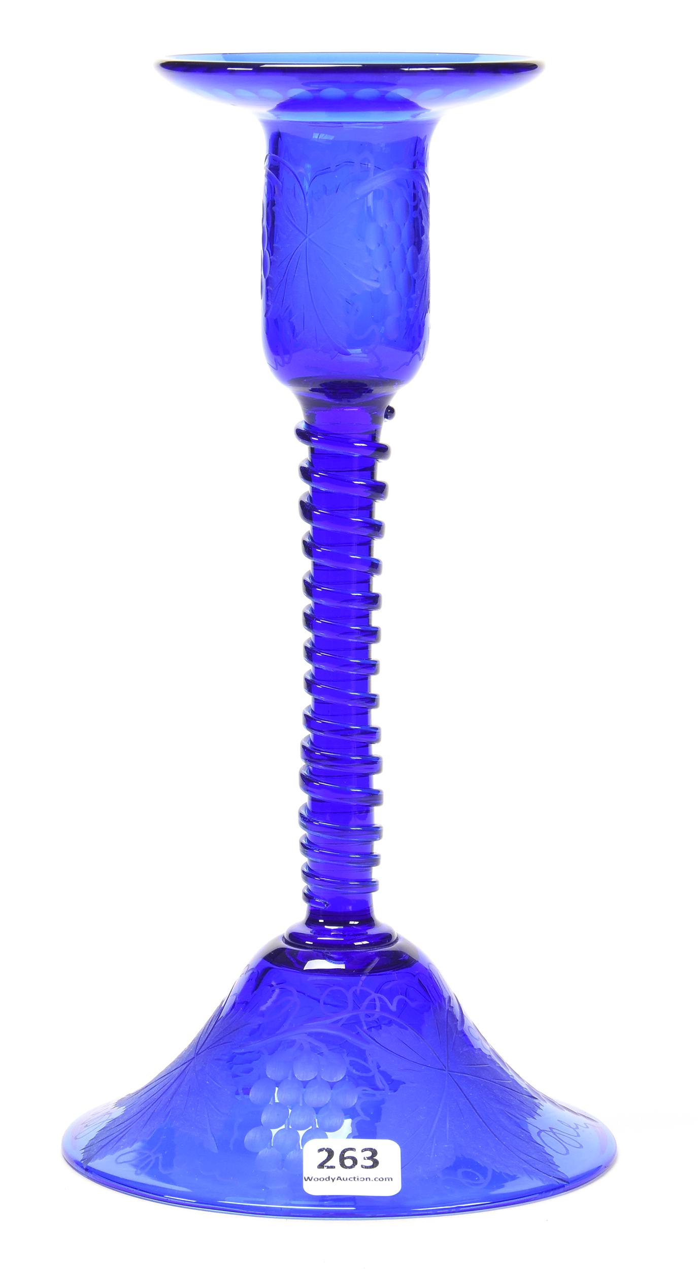 Candle Holder by Pairpoint: Candle Holder by Pairpoint; 10.25" Solid Cobalt Blue, Spiral Stem, Engraved Vintage Motif; Blattner Collection, Montana
