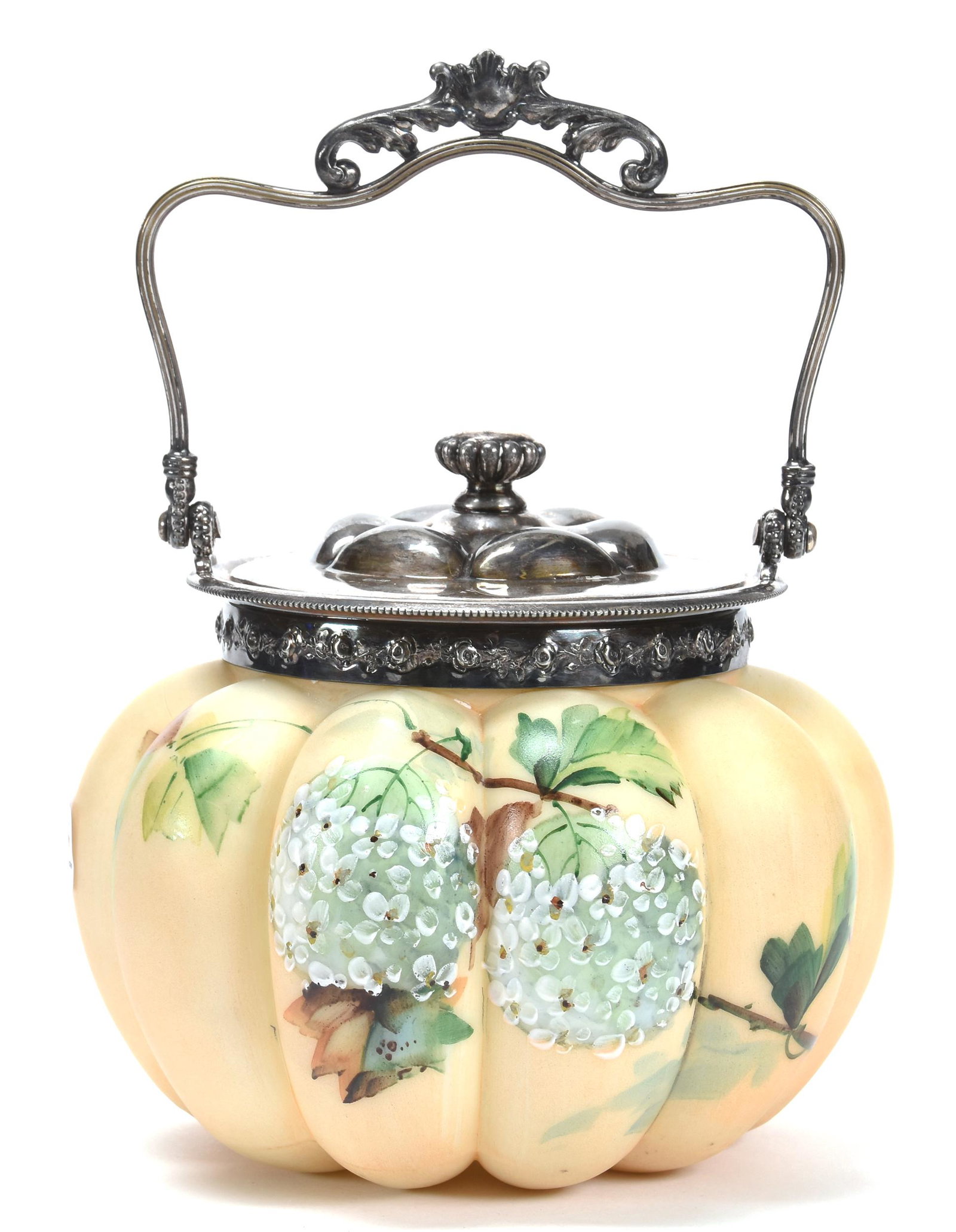 Biscuit Jar by Pairpoint: Biscuit Jar by Pairpoint; 6" Melon Ribbed, Cream Tones with Snowball Floral Decor, Marked Silverplate Lid and Bail; Blattner Collection, Montana
