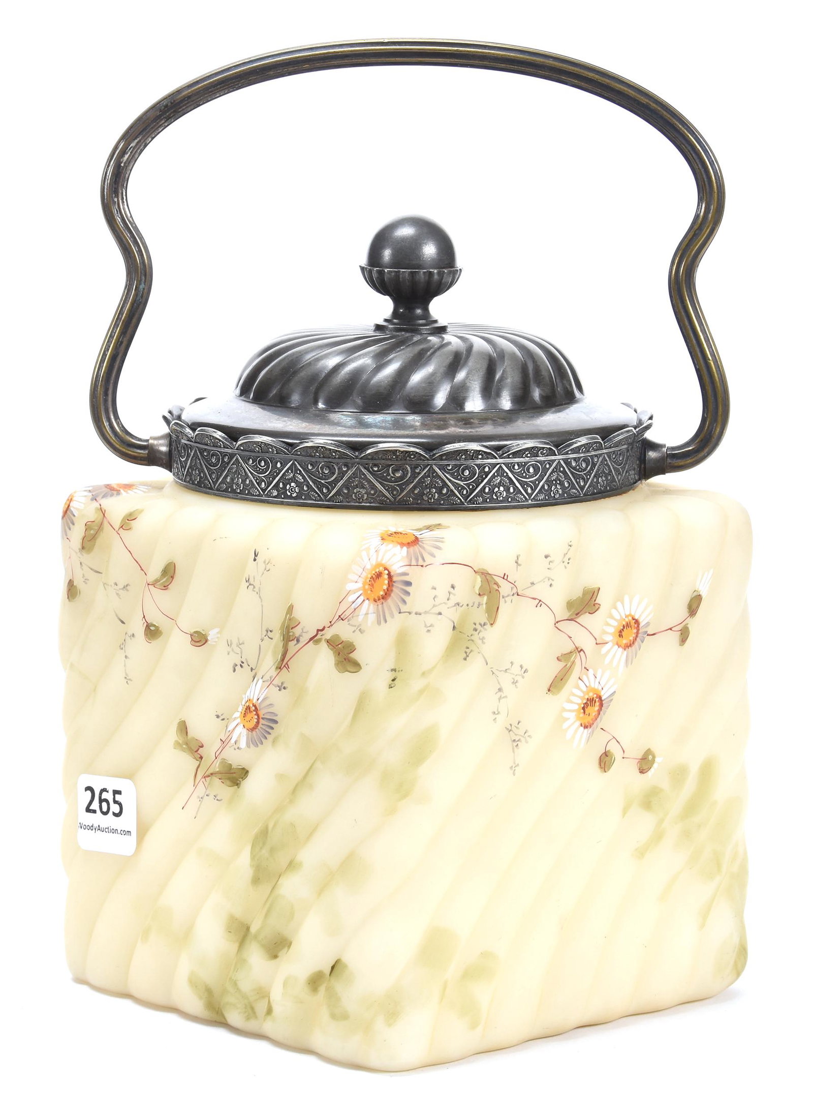 Biscuit Jar, Marked Smith Brothers: Biscuit Jar, Marked Smith Brothers; 7.25" Square Form with Swirled Pillar Mold, Enamel Daisy Decor, Silverplate Lid, and Bail; Blattner Collection, Montana