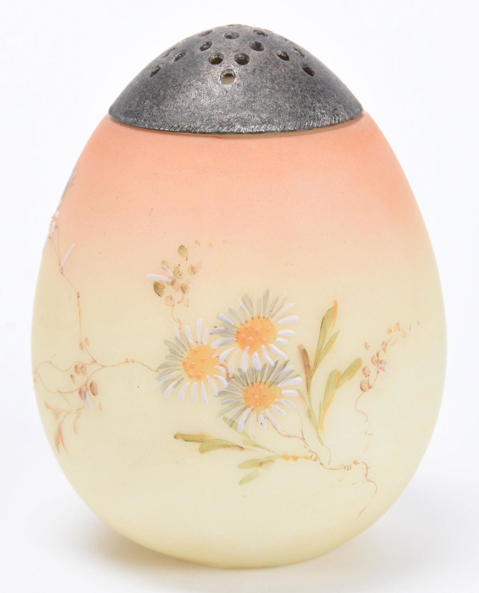 Sugar Shaker, Unmarked Mt. Washington: Sugar Shaker, Unmarked Mt. Washington; 4.25" Burmese Coloring, Daisy Decor, Egg Shaped; Blattner Collection, Montana