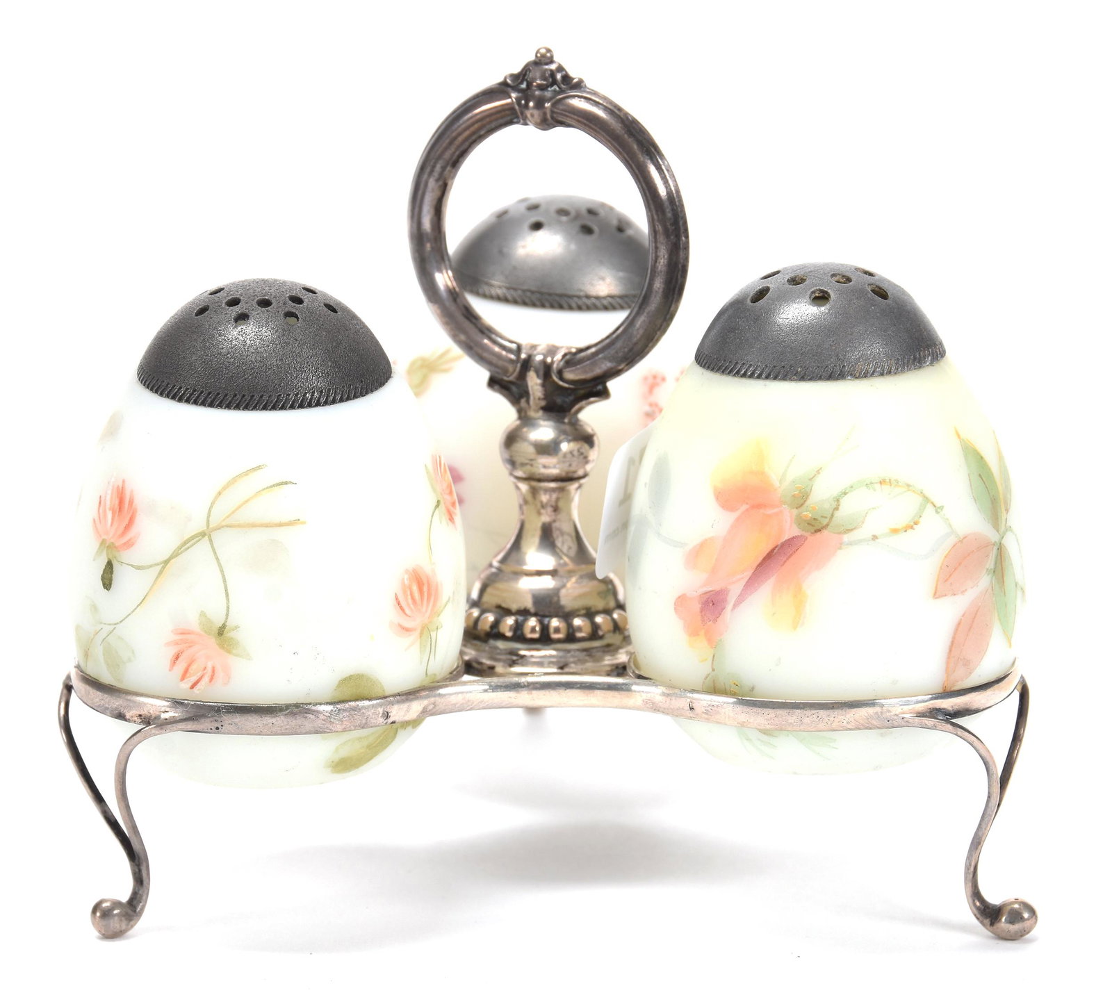Condiment Set on Stand: Condiment Set on Stand; (3) Mt. Washington Egg Shaped Shakers Set on Silverplate Frame, Various Floral Decor; Blattner Collection, Montana