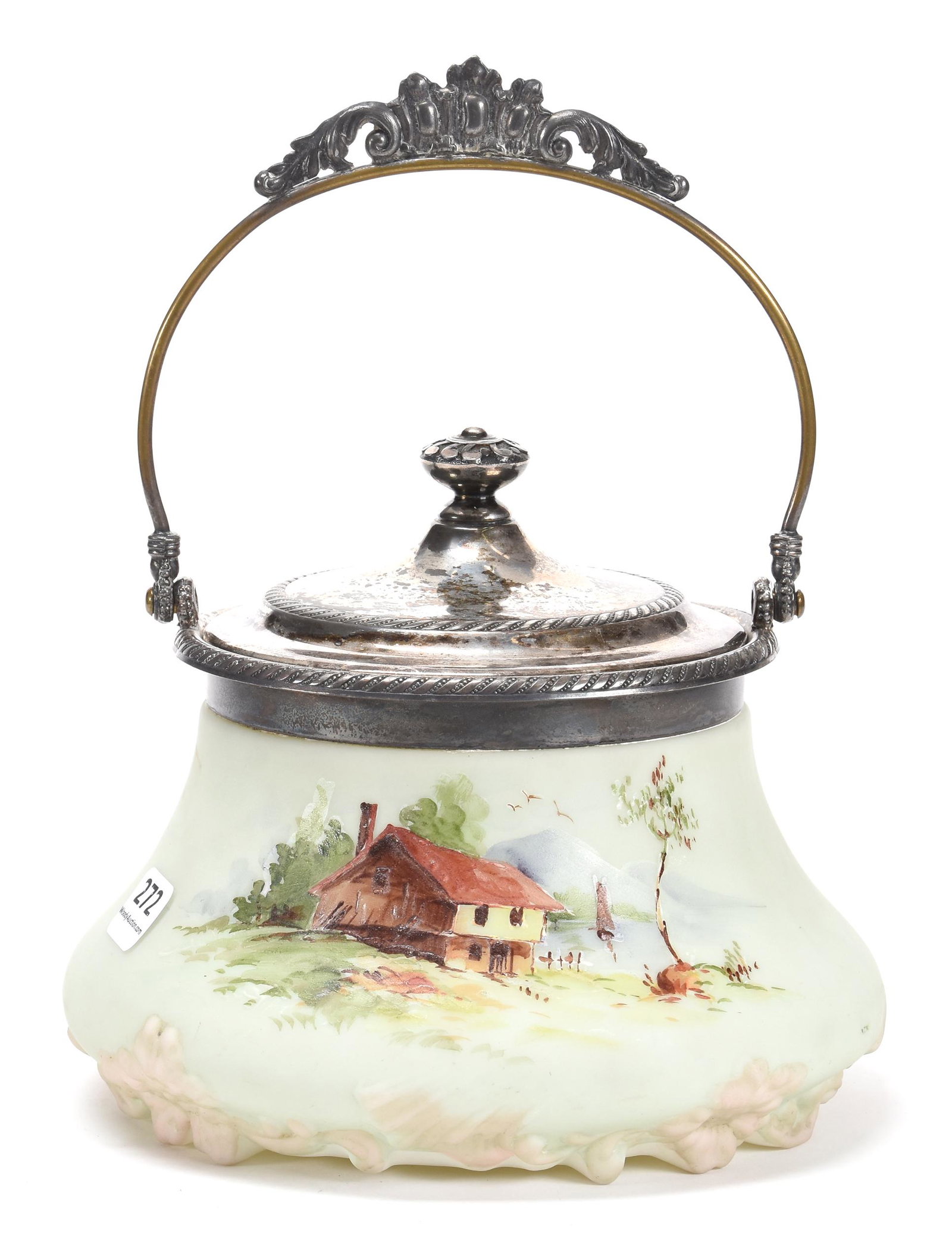 Biscuit Jar by Pairpoint: Biscuit Jar by Pairpoint; 6" Green and Pink Tones with Cottage Scenic Decor, Marked Silverplate Lid and Bail; Blattner Collection, Montana