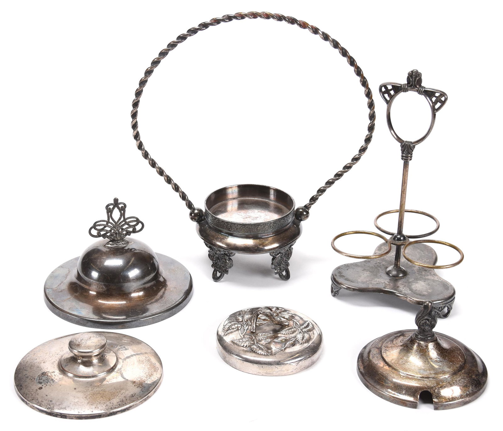 (6) Assorted Victorian Silverplate Items: (6) Assorted Victorian Silverplate Items; (1) Tufts #171 Sweetmeat Frame, (4) Assorted Lids, (1) Condiment Frame Marked Pairpoint #723; Blattner Collection, Montana