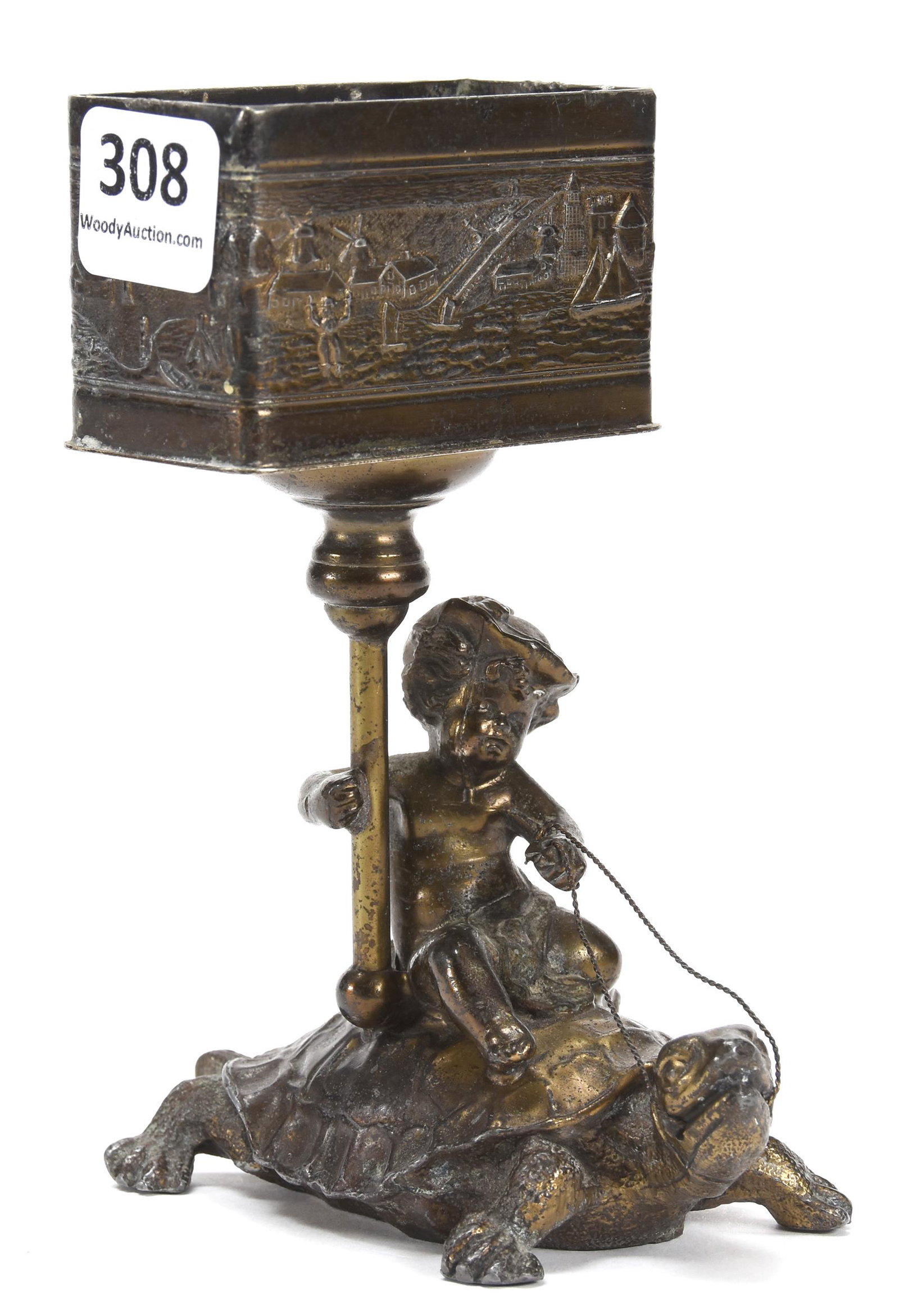 Gilt Metal Victorian Match Box Holder: Gilt Metal Victorian Match Box Holder; 4.75" Cherub Riding Turtle While Holding Embossed Holder Aloft, Unmarked Pairpoint; Newland Collection, California