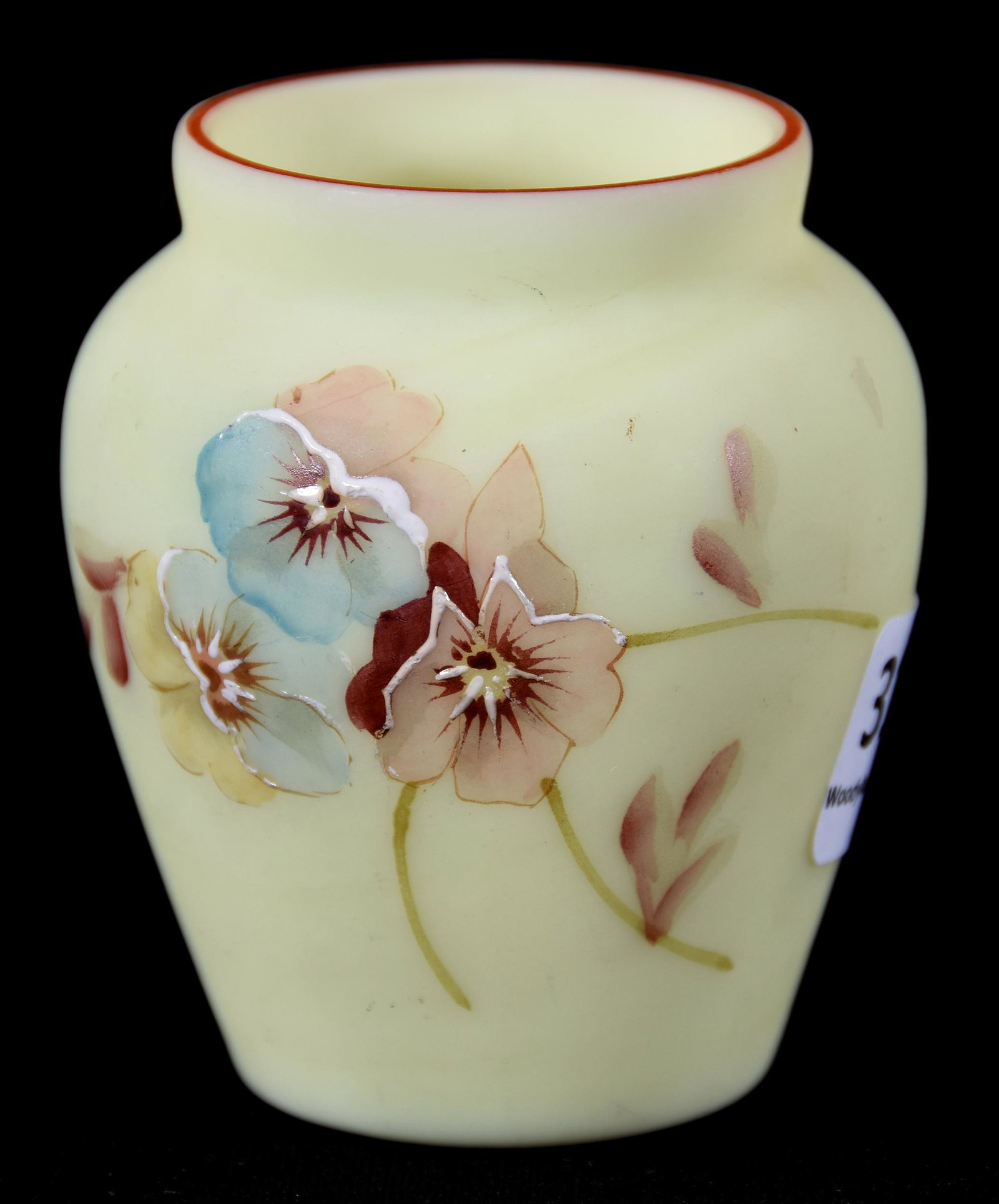 Toothpick Holder, Mt. Washington Burmese: Toothpick Holder, Mt. Washington Burmese; 2.75" Mostly Yellow, Colorful Pansy Decor; Newland Collection, California