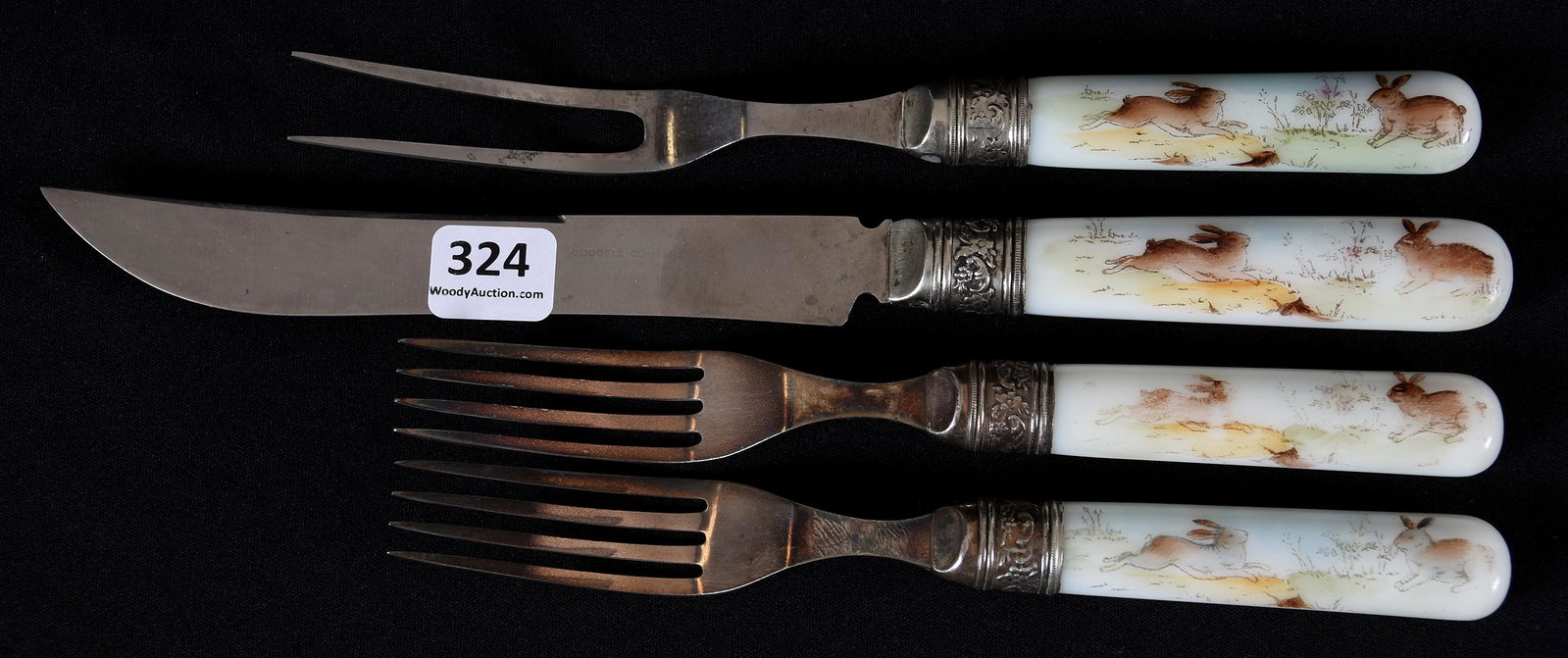 (4) C.F. Monroe Opalware Handled Flatware: (4) C.F. Monroe Opalware Handled Flatware; Handles Have Rabbit Scenic Decor, Includes (2) Dinner Forks, (1) Steak Fork, (1) Knife; Newland Collection, California