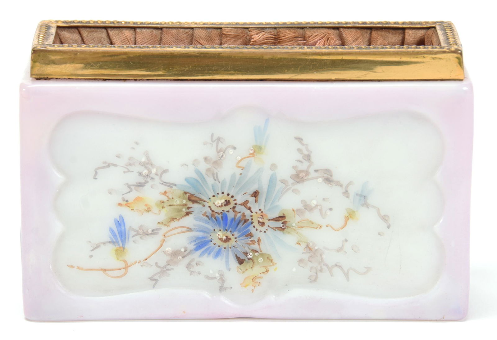 Playing Card Holder, Wave Crest (Banner Mark): Playing Card Holder, Wave Crest (Banner Mark); 2.5" X 4.25" Pink and White Tones with Blue Floral Decor, Original Lining, Metal Rim; Newland Collection, California
