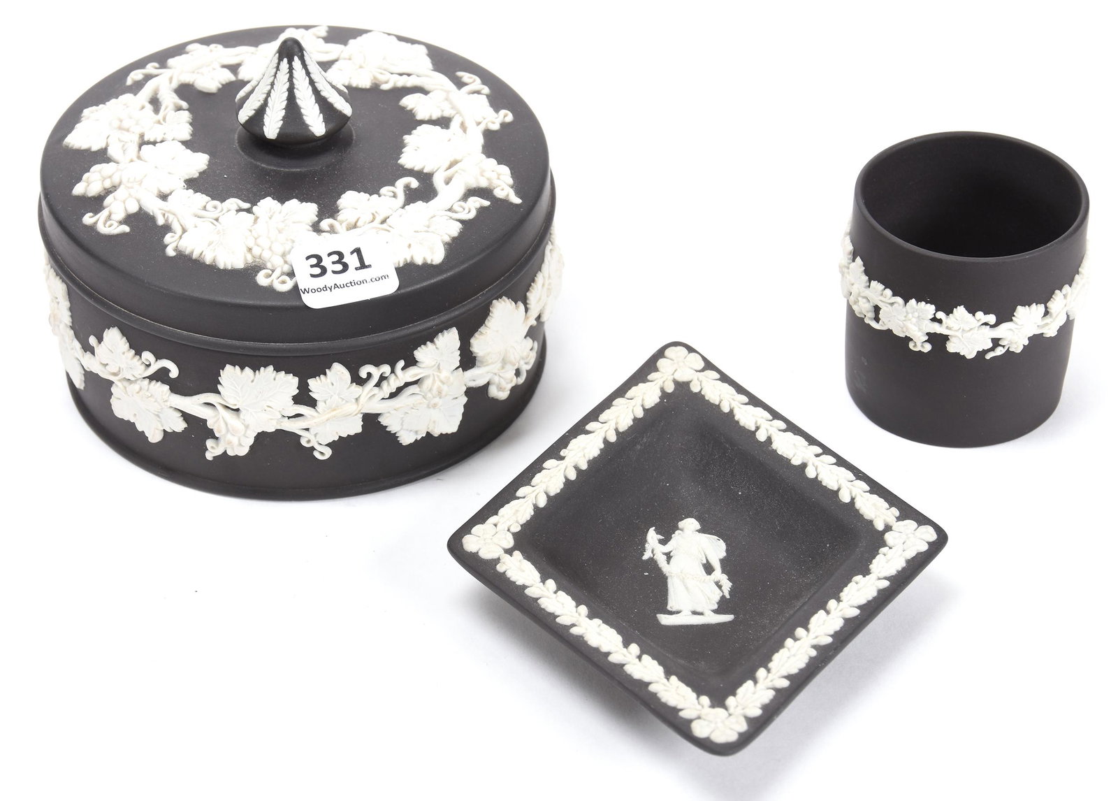 (3) Wedgwood MIE Items, Black: (3) Wedgwood MIE Items, Black; (1) 3.5" X 5" Round Covered Box, (1) 2.25" Match Holder, (1) 5.5" Diamond Shaped Pin Tray; Newland Collection, California