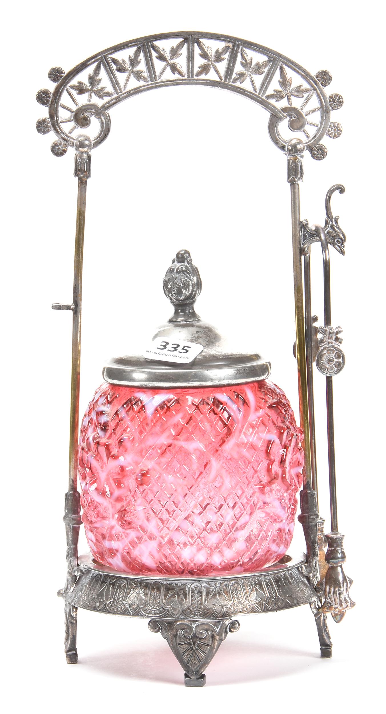 Victorian Pickle Castor: Victorian Pickle Castor; 10.5" Cranberry Opalescent Cosmos Pattern Glass Insert, Set on Rogers Smith #094 Silverplate Frame; Newland Collection, California