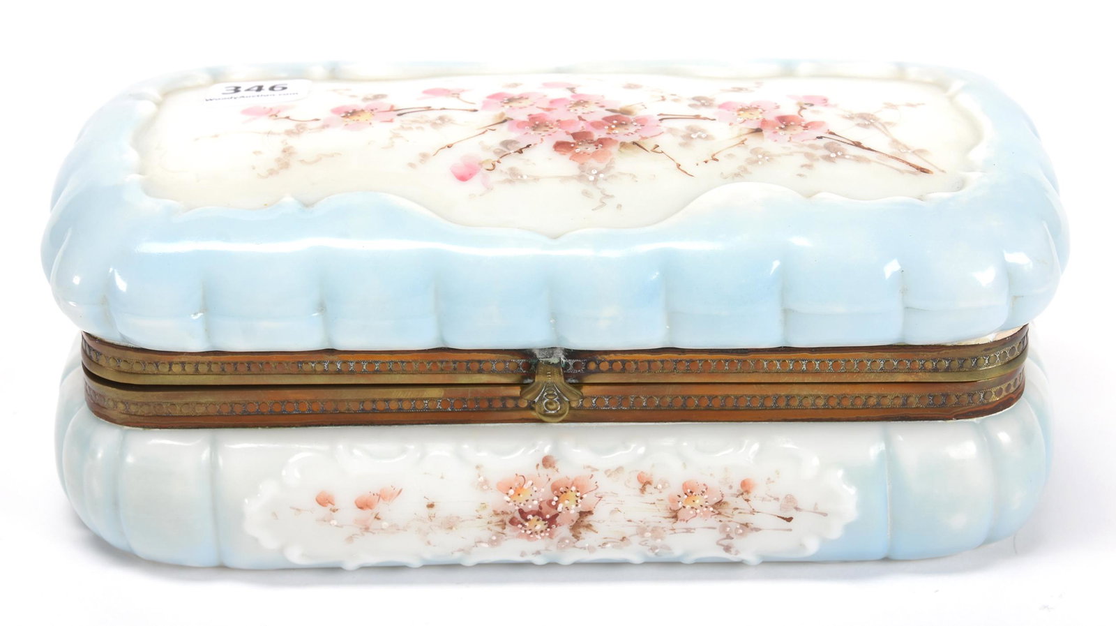 Glove Box, Unmarked Wave Crest: Glove Box, Unmarked Wave Crest; 3.5" X 8.5" Blue and White Tones with Pink Floral Decor; Newland Collection, California
