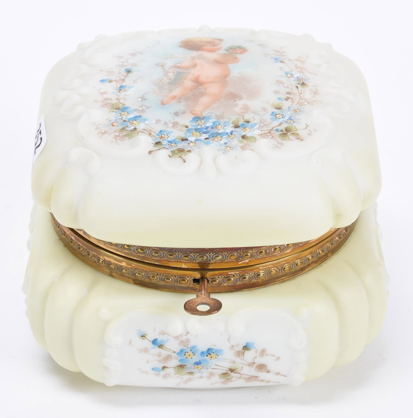 Jewel Box, Wave Crest (Stamp Mark): Jewel Box, Wave Crest (Stamp Mark); 4" X 5"; Square Form, Scroll Mold, Yellow and White Tones, Cherub and Blue Floral Decor, Locking Mechanism with Key; Newland Collection, California