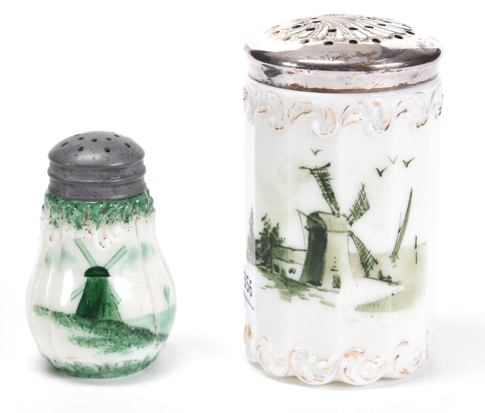(2) Shakers by Pairpoint: (2) Shakers by Pairpoint; 5" 3.5" White with Green Mill Scene Decor, (1) 5" Sugar Shaker, (1) Salt Shaker; Newland Collection, California
