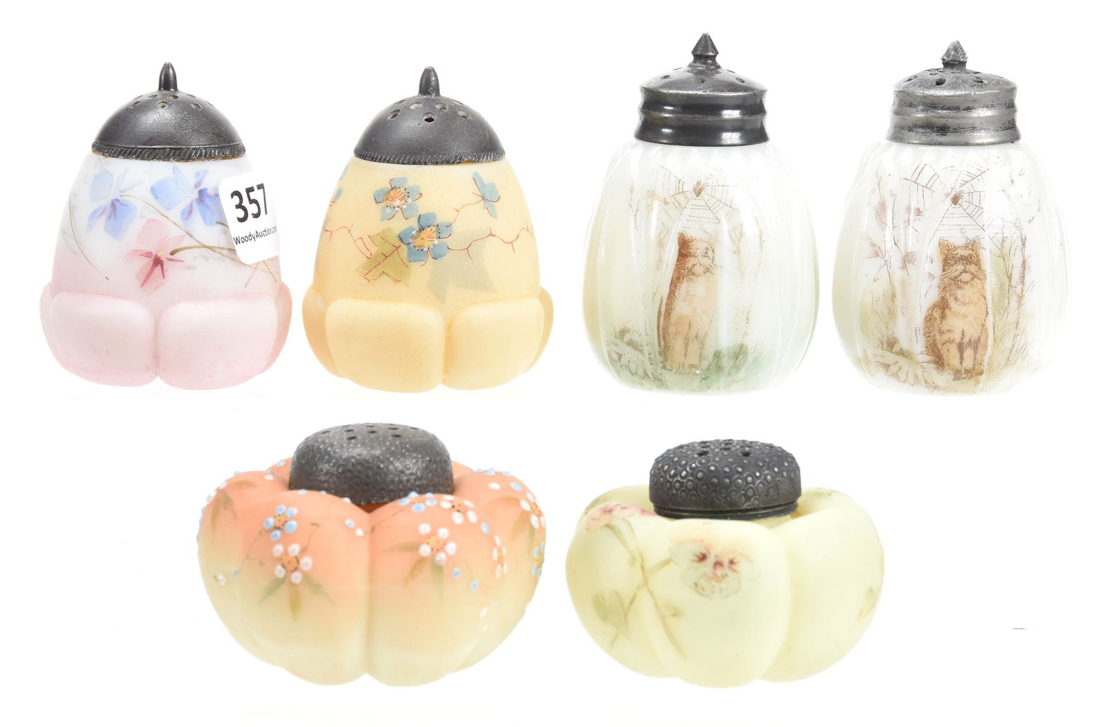 (3) Pair Salt & Pepper Shakers, Mt. Washington: (3) Pair Salt & Pepper Shakers, Mt. Washington; (1) Pair, White, Leaf Mold with Cat and Spider Scenic Decor, (1) Pair, Egg Shaped with Bulges, Different Colors & Design, (1) Pair, Melon Ribbed, One Is