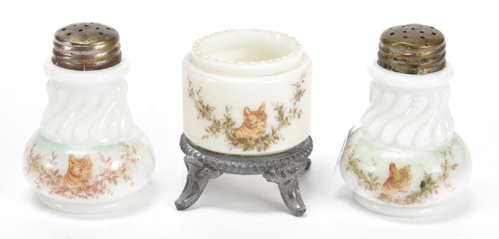 (3) Mt. Washington Kitten Portrait Items: (3) Mt. Washington Kitten Portrait Items; (1) Pair, 2.5" Salt & Pepper Shakers, White and Green, (1) 2.25" Match Holder, Pink and White with Silverplate Base; Newland Collection, California