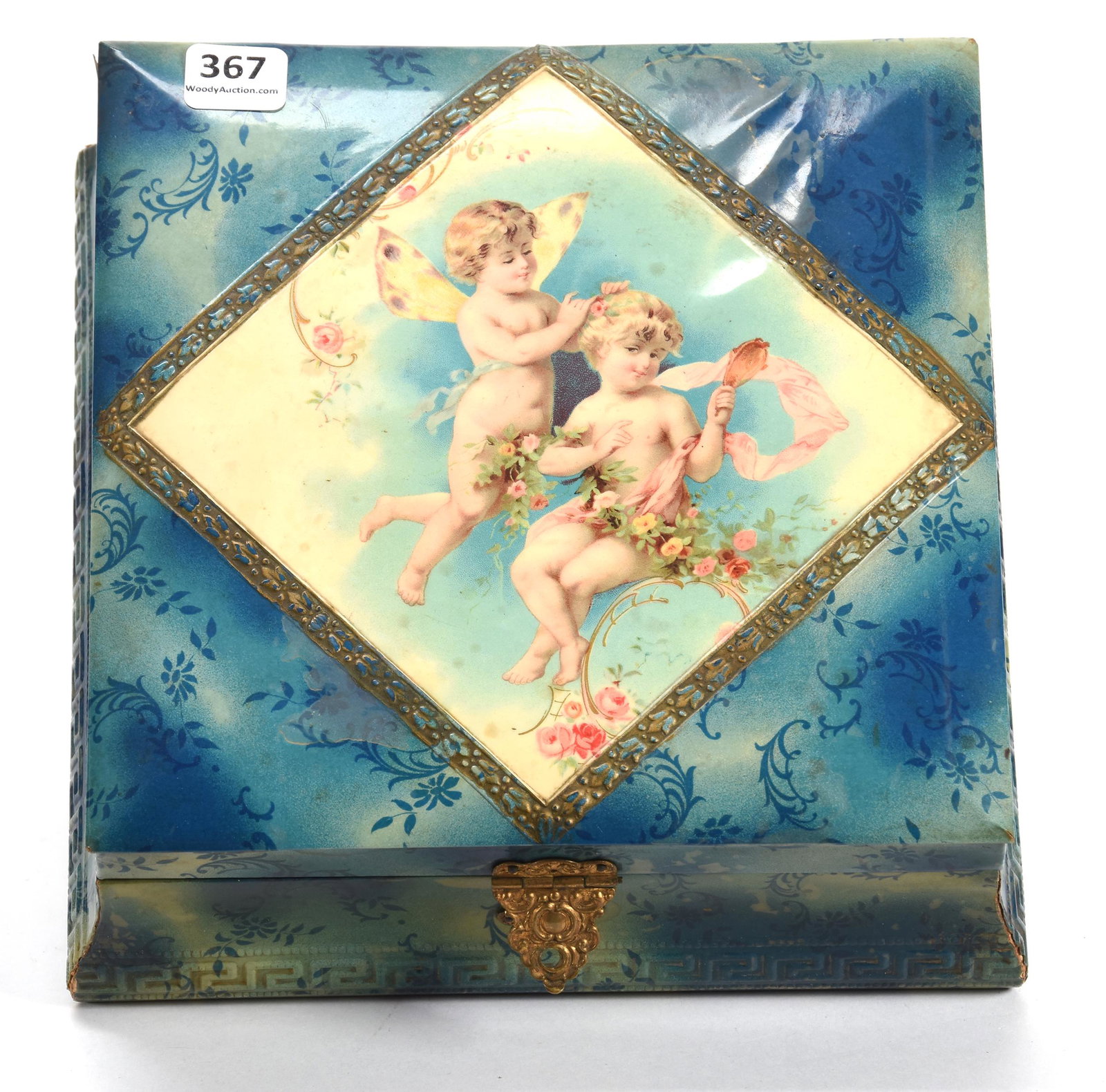 Celluloid Vanity Box: Celluloid Vanity Box; 3" X 8" X 8"; Two Cherubs Scenic Decor, Blue Background, Original Lining, Some Wear and Loss on Edges and Front; Newland Collection, California