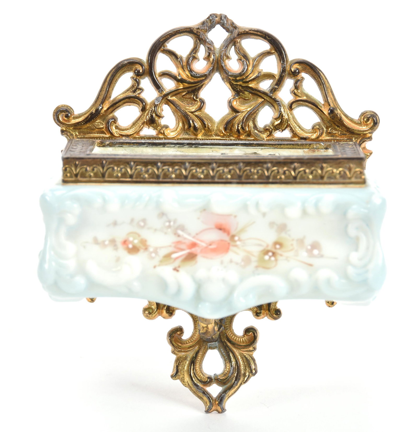 Match Holder, Wall Mount, Wave Crest (Banner Mark): Match Holder, Wall Mount, Wave Crest (Banner Mark); 4.75" X 4" Blue and White Tones, Scroll Mold, Pink Floral Decor, Gilt Metal Frame; Newland Collection, California