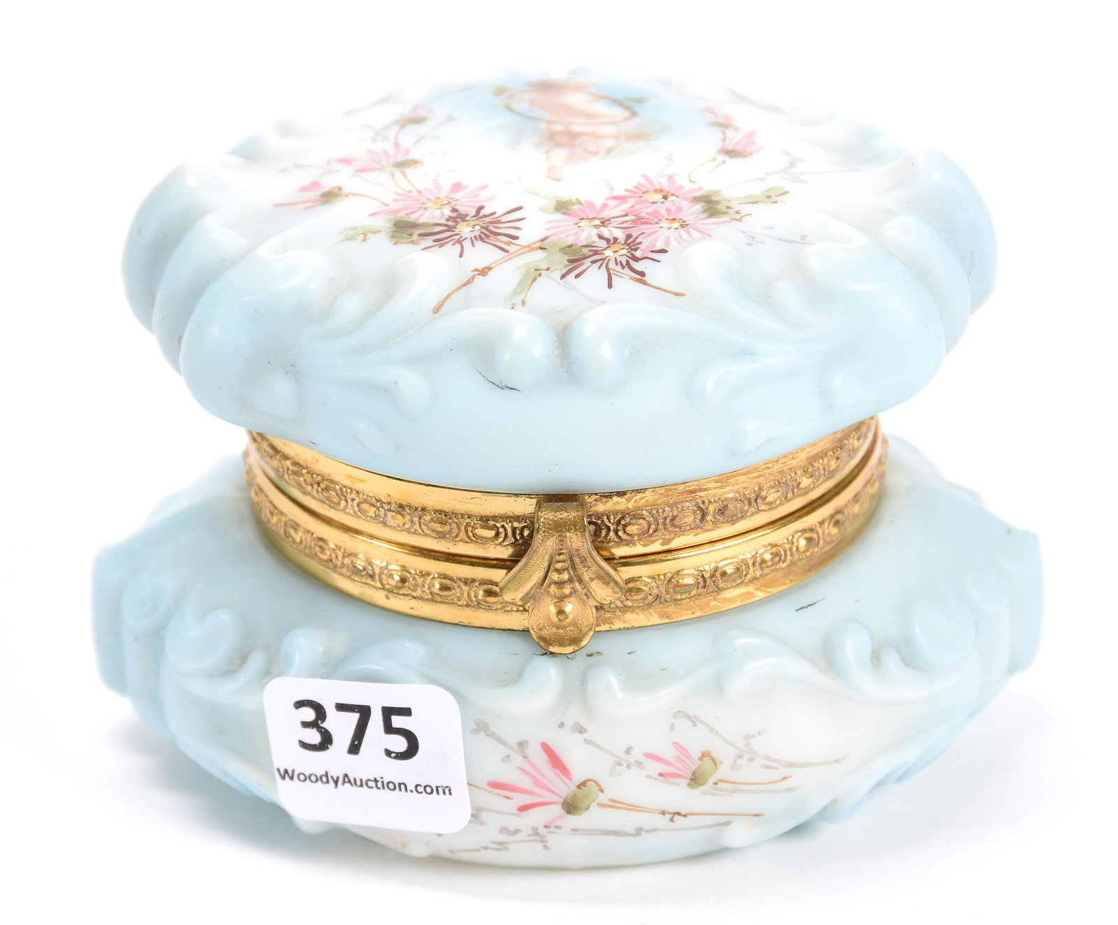 Jewel Box, Wave Crest (Stamp Mark): Jewel Box, Wave Crest (Stamp Mark); 2.75" X 4" Blue and White Tones with Cherub Blowing Horn and Pink Floral Decor; Newland Collection, California
