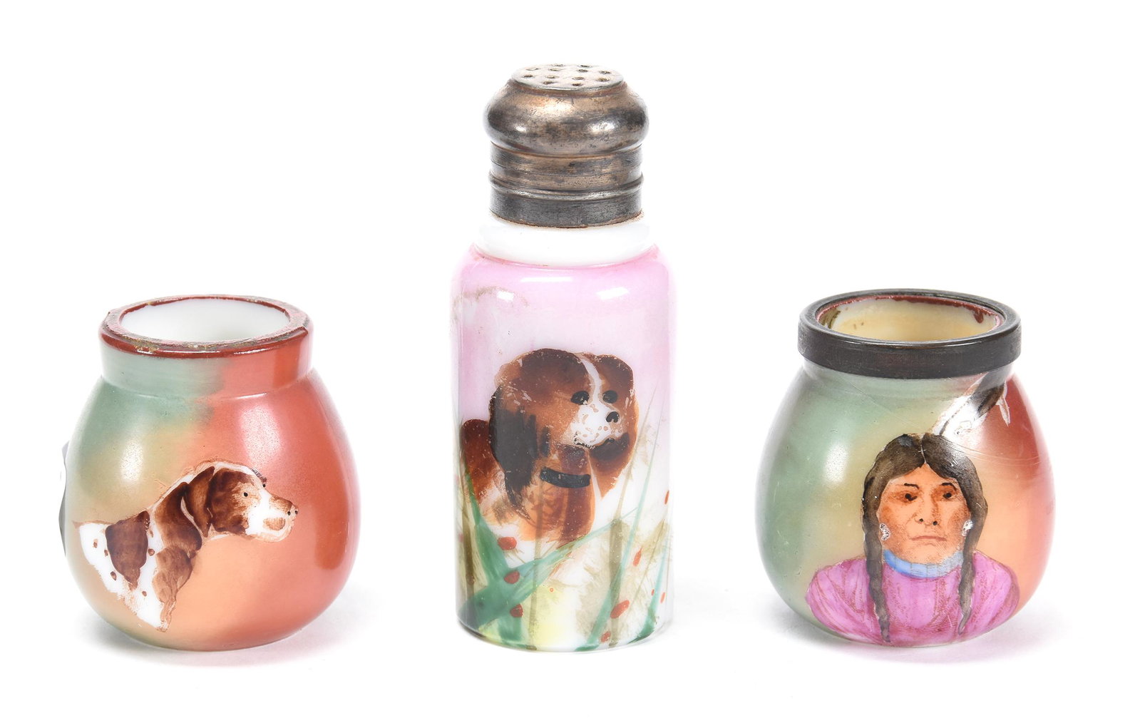 Salt Shaker & (2) Match Holders: Salt Shaker & (2) Match Holders; 4" 2.25" (1) 4" Mt. Washington Salt Shaker, Dog Scenic Decor, (1) 2.25" Match Holder, Unmarked Handel, Green and Brown Tones with Indian Portrait, (1) 2.25" Match Hold