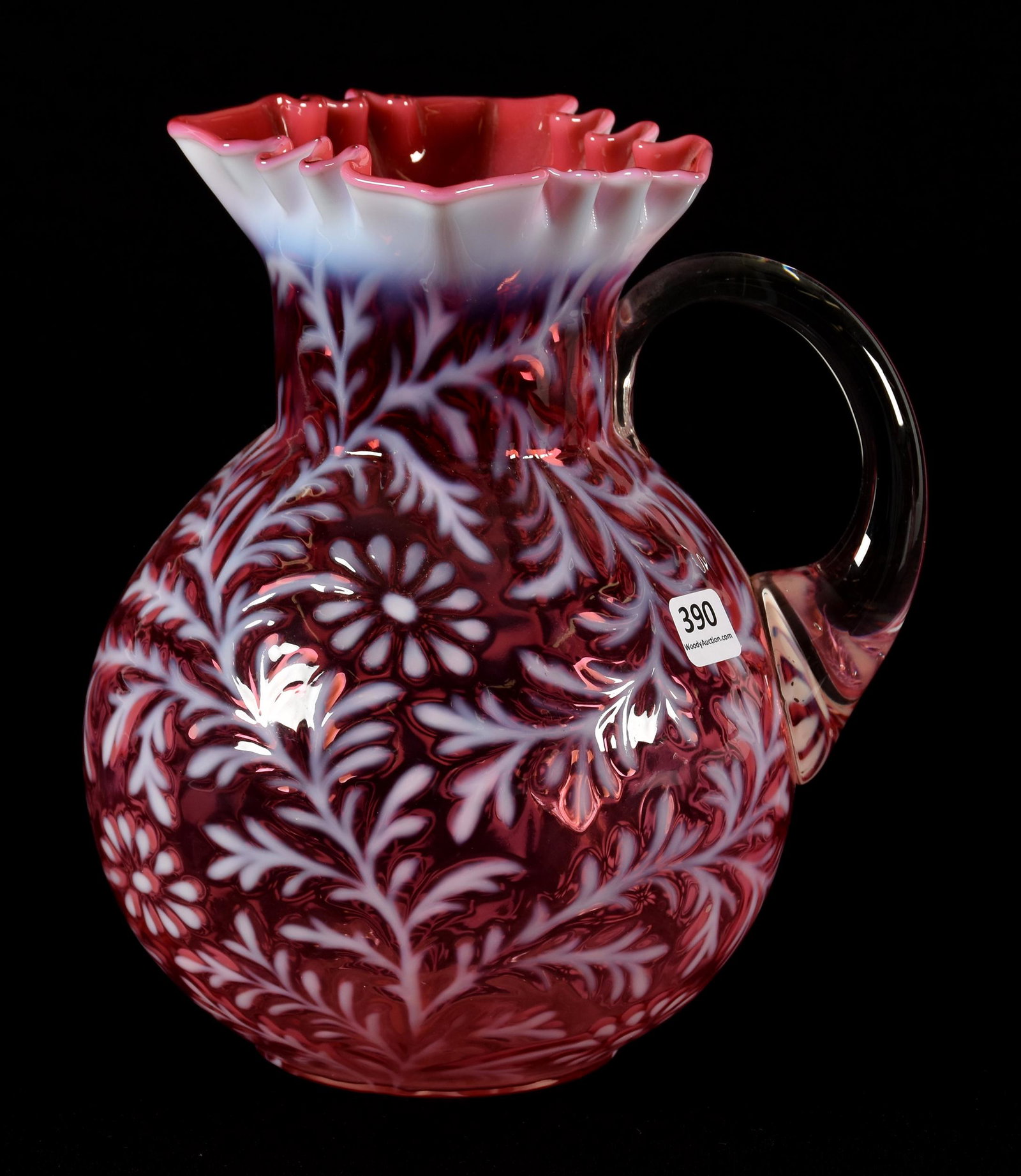Water Pitcher, Cranberry Opalescent Daisy & Fern: Water Pitcher, Cranberry Opalescent Daisy & Fern; 9" Square Crimped Top, Nice Color; Newland Collection, California