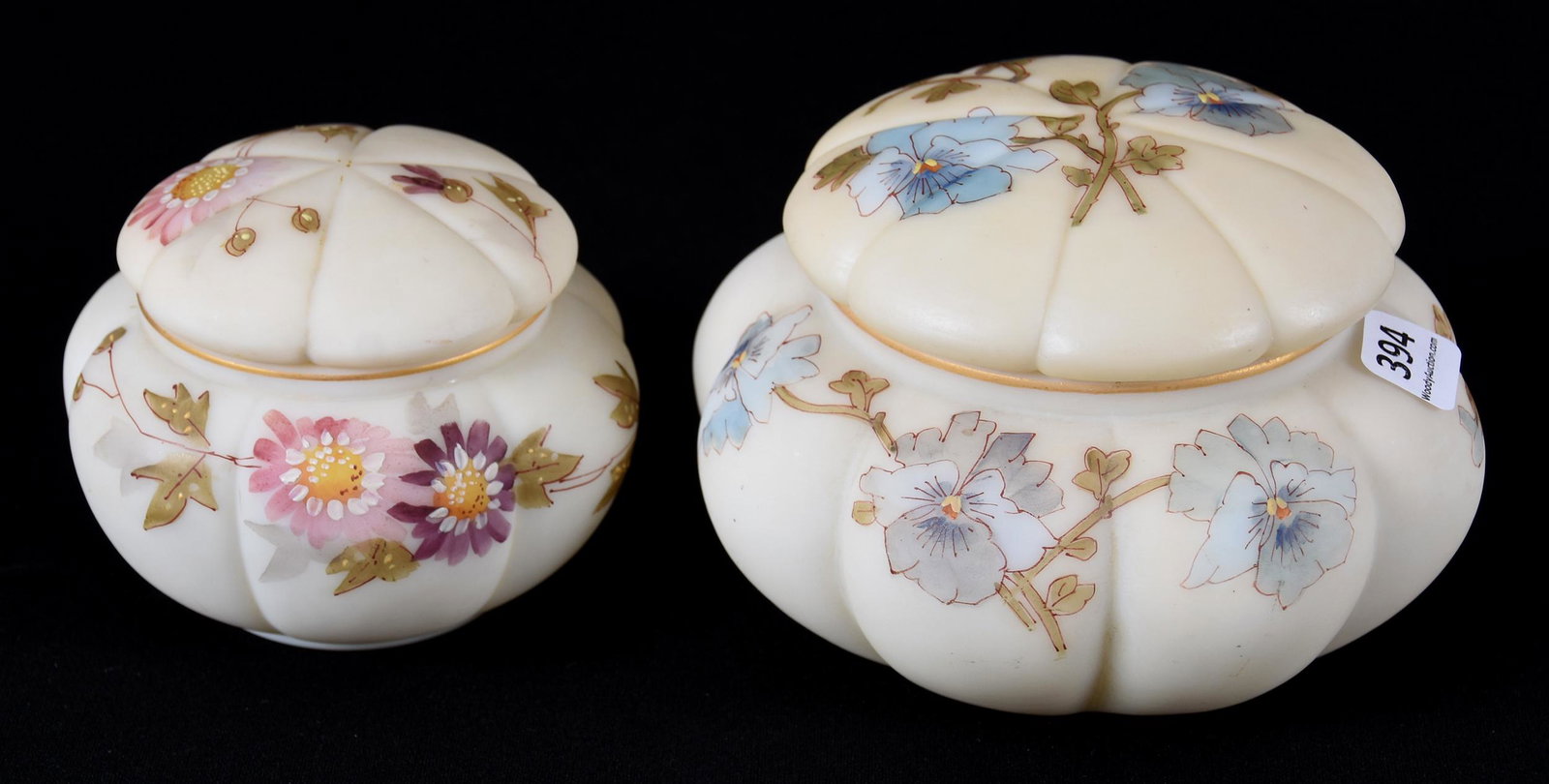 (2) Covered Jars Marked Smith Brothers: (2) Covered Jars Marked Smith Brothers; (1) 3.75" X 5.5" Blue Pansy Decor, (1) 3.25" X 4" Pink Daisy Decor, Both Are Melon Ribbed with Cream Background, Pattern Matched Lids; Newland Collection, Calif
