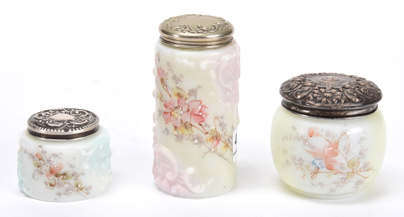 (3) Covered Jars, Wave Crest (Banner Mark): (3) Covered Jars, Wave Crest (Banner Mark); (1) 3.25" Toothbrush Powder Jar, Pink and Yellow Tones, Ornate Mold, (1) 2.25" Large Pomade Jar, Yellow and White with Rose Decor, (1) 1.5" Small Pomade Jar