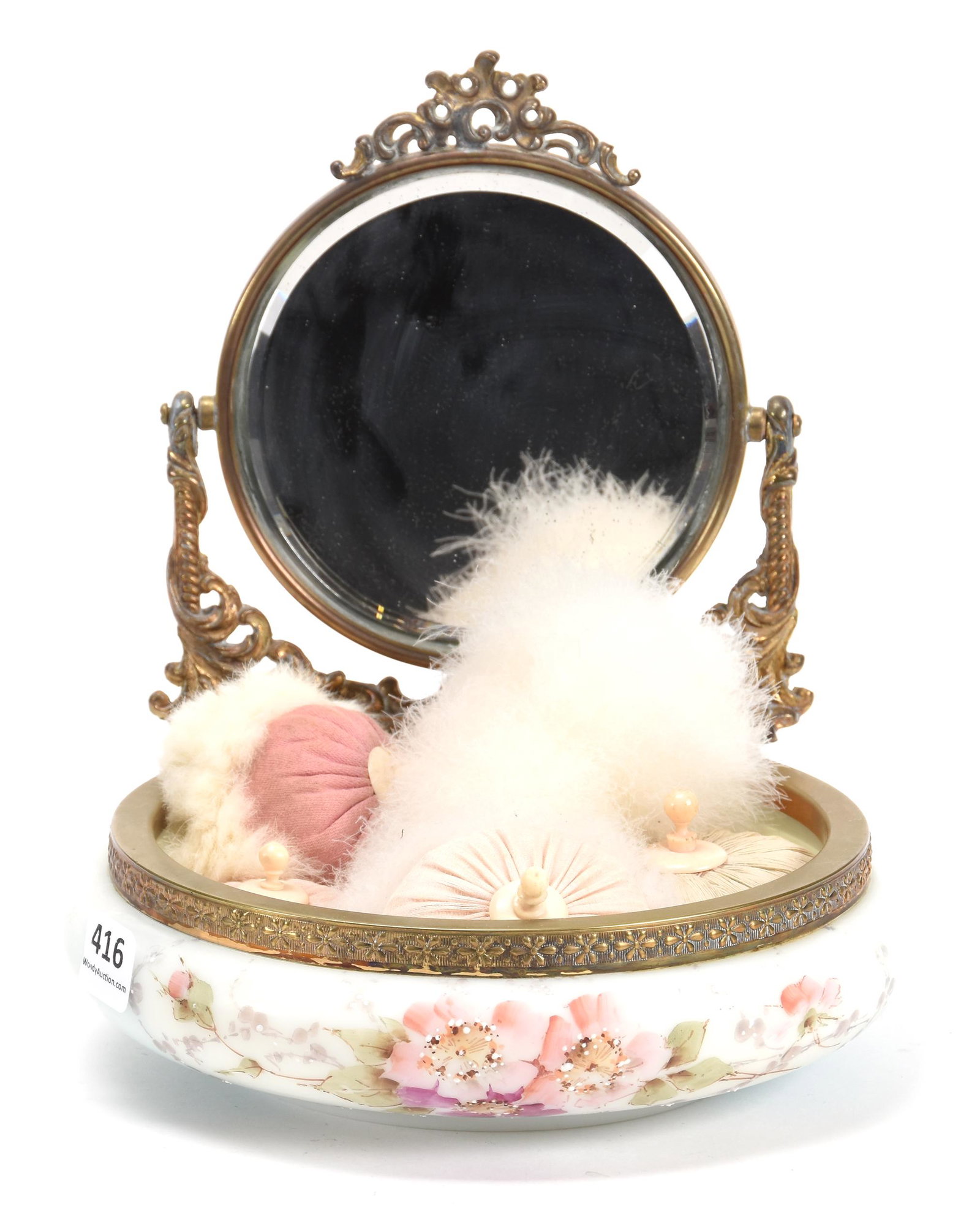 Open Mirror Tray, Wave Crest (Stamp Mark): Open Mirror Tray, Wave Crest (Stamp Mark); 7.75" X 7" Blue and White Tones with Pink Floral Decor, Gilt Metal Framed Beveled Mirror; Newland Collection, California