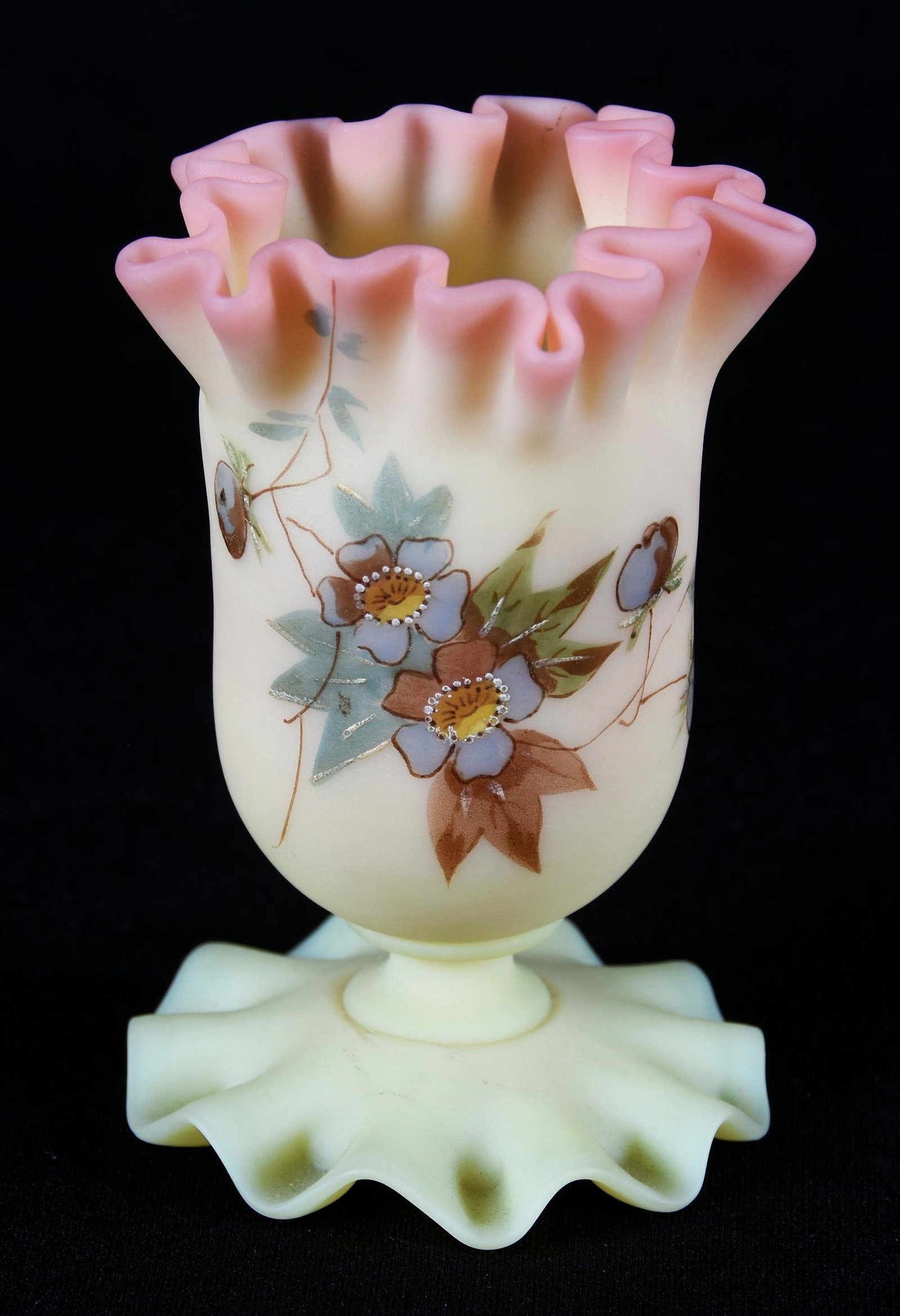 Pedestal Bud Vase, Decorated Webb Burmese: Pedestal Bud Vase, Decorated Webb Burmese; 4" Ruffled Rim and Foot; Newland Collection, California