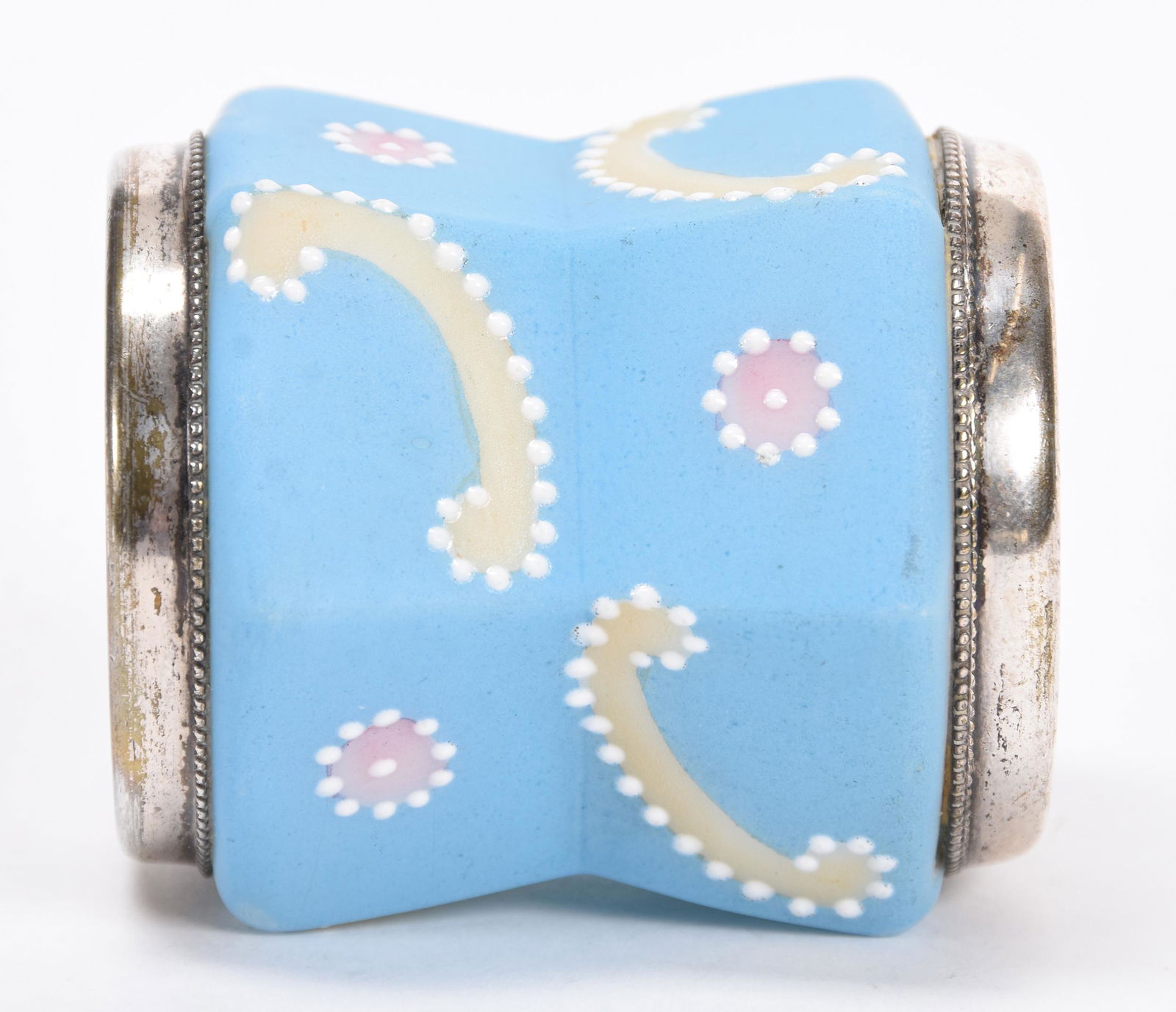 Napkin Ring, Unmarked Nakara: Napkin Ring, Unmarked Nakara; 2.25" Blue with Cream and Pink Designs with White Enamel Beaded Highlights; Newland Collection, California