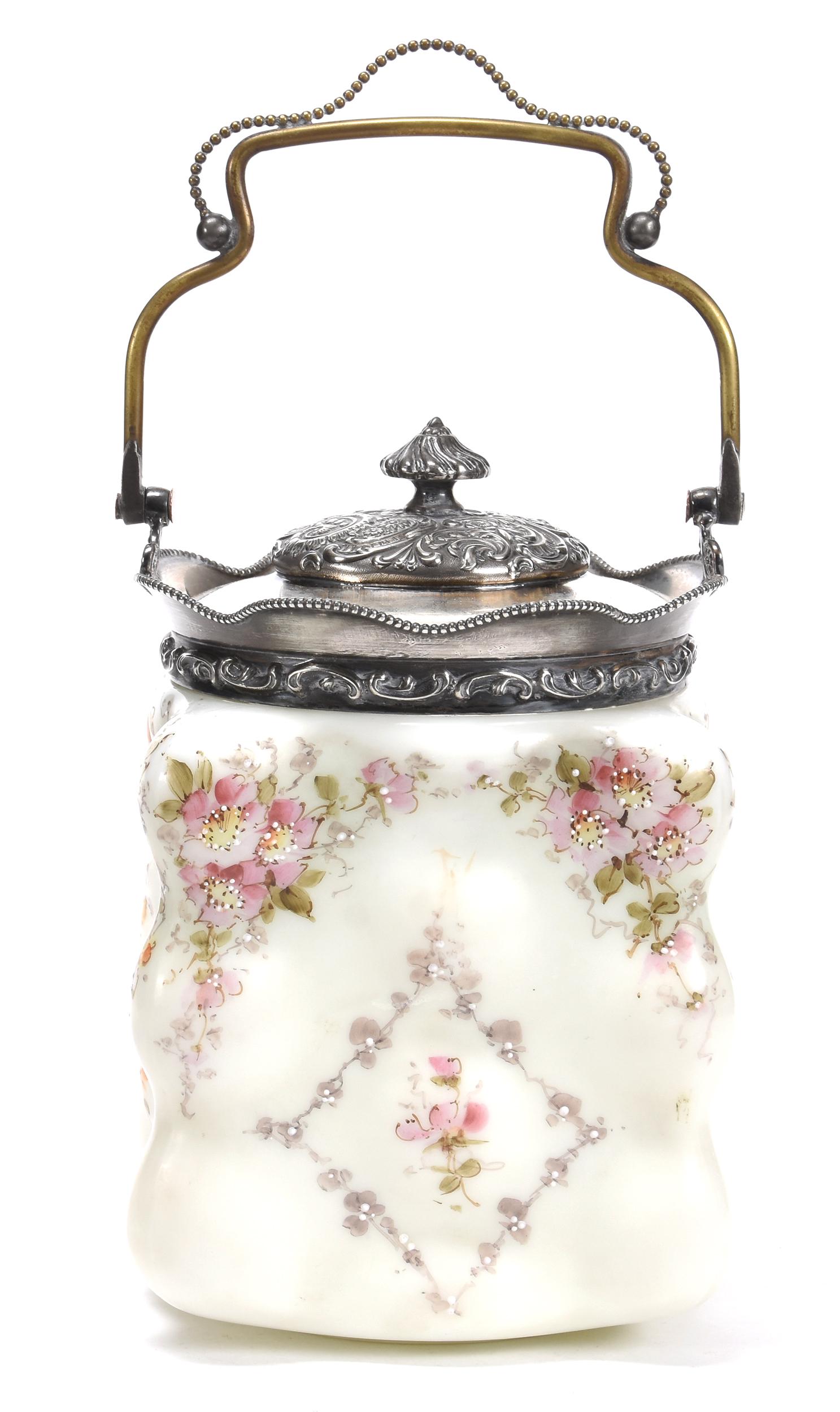 Biscuit Jar, Unmarked Wave Crest: Biscuit Jar, Unmarked Wave Crest; 7.75" Egg Crate Mold, Cream Tones with Pink and Yellow Floral Decor, Ornate Silverplate Lid and Bail; Newland Collection, California