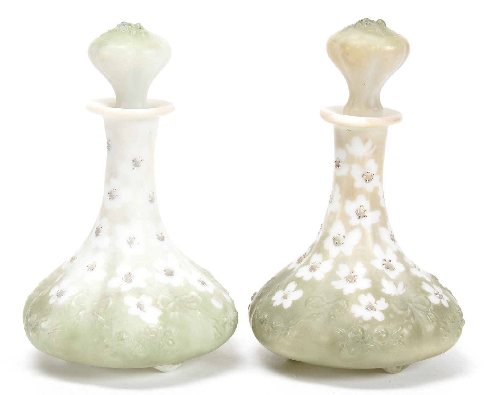 (2) Matching Cologne Bottles, Mt. Washington: (2) Matching Cologne Bottles, Mt. Washington; 6" Green and White with White Blossom Decor; Newland Collection, California
