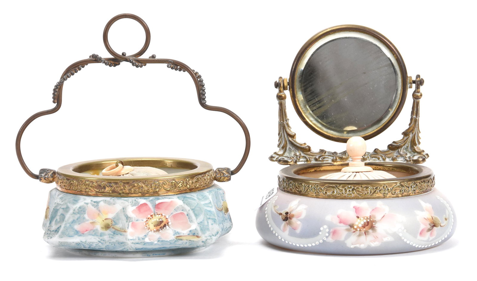 (2) C.F. Monroe Items: (2) C.F. Monroe Items; (1) 4.5" Open Tray Marked Nakara with Mirror, Lavender Tones with Pink Floral Decor, Mirror Needs Re-Attached, (1) Open Tray, 4.5" Marked Kelva, Blue Mottled Background, Pink Fl