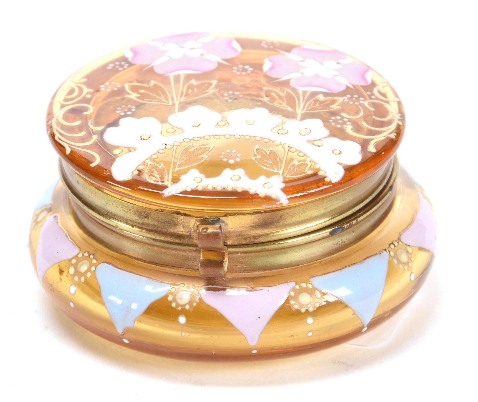 Pill Box, Solid Amber Art Glass: Pill Box, Solid Amber Art Glass; 1.5" X 2.5" Heavy Enamel Floral Decor, Hinged Lid; Newland Collection, California