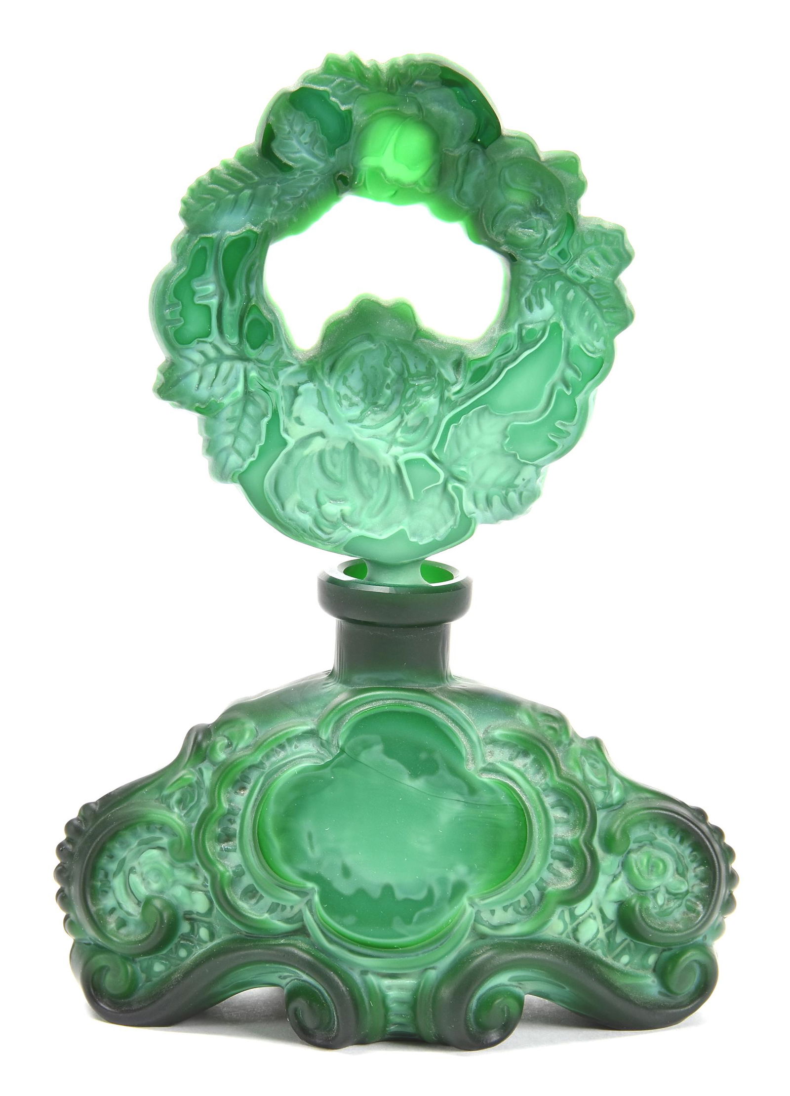 Perfume Bottle Marked Czech Republic: Perfume Bottle Marked Czech Republic; 6.25" X 4.5" Malachite Glass with Wreath Design Stopper, Modern Czech Republic; Newland Collection, California. UPDATED 2-3-20: added the word "glass" after "Mala